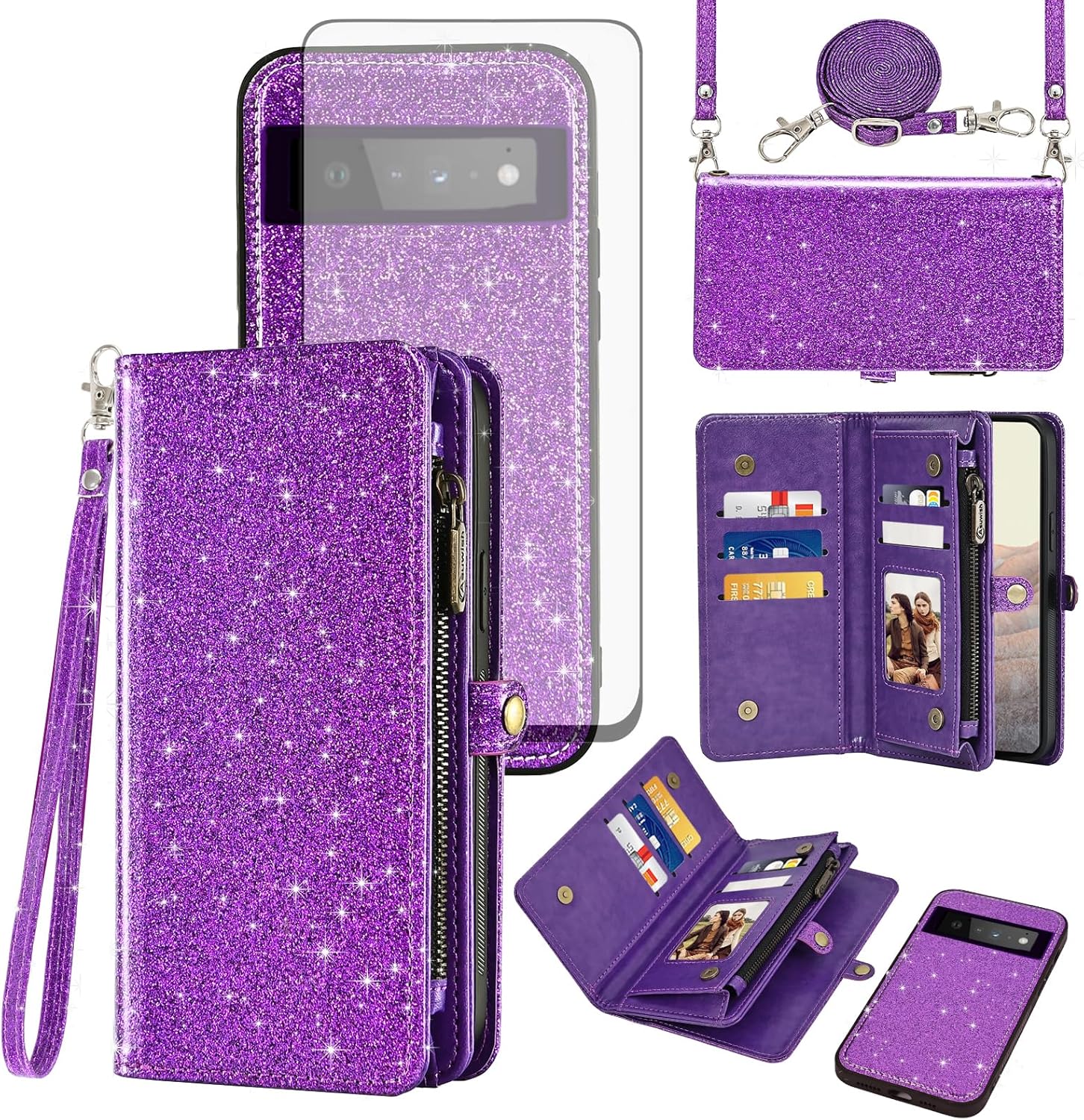 Asuwish Phone Case for Google Pixel 6 Pro Zipper Wallet Detachable Cell Cover with Tempered Glass Screen Protector Wrist Strap Flip Card Holder Slot Pixel6Pro Pixel6 XL 6XL Pixle 6Pro 5G Women Purple
