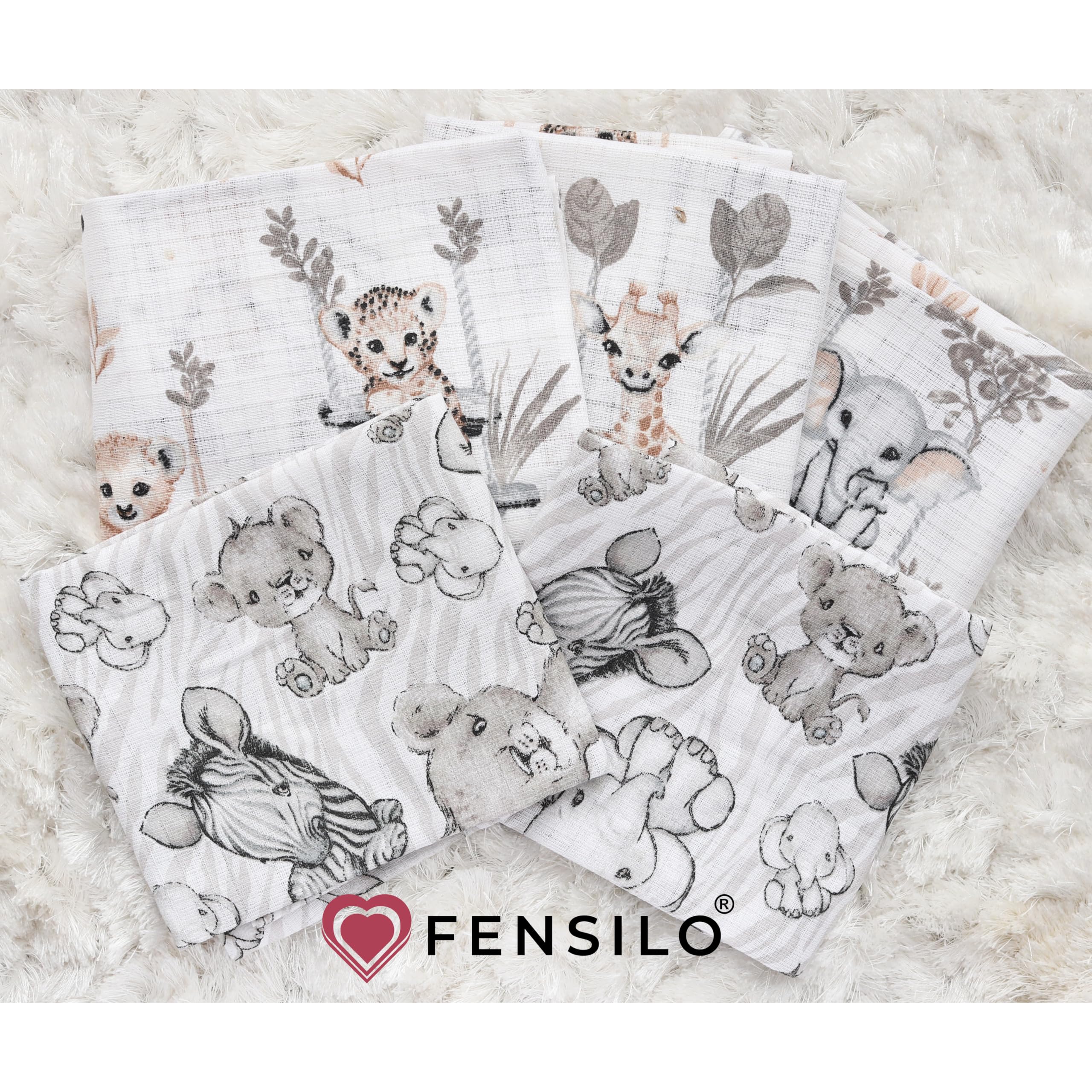 FENSILO Chusteczki z muśliny, 5 sztuk, 70 x 80 cm, chusty muślinowe, pieluchy materiałowe dla chłopców i dziewczynek, żyrafa-słoń