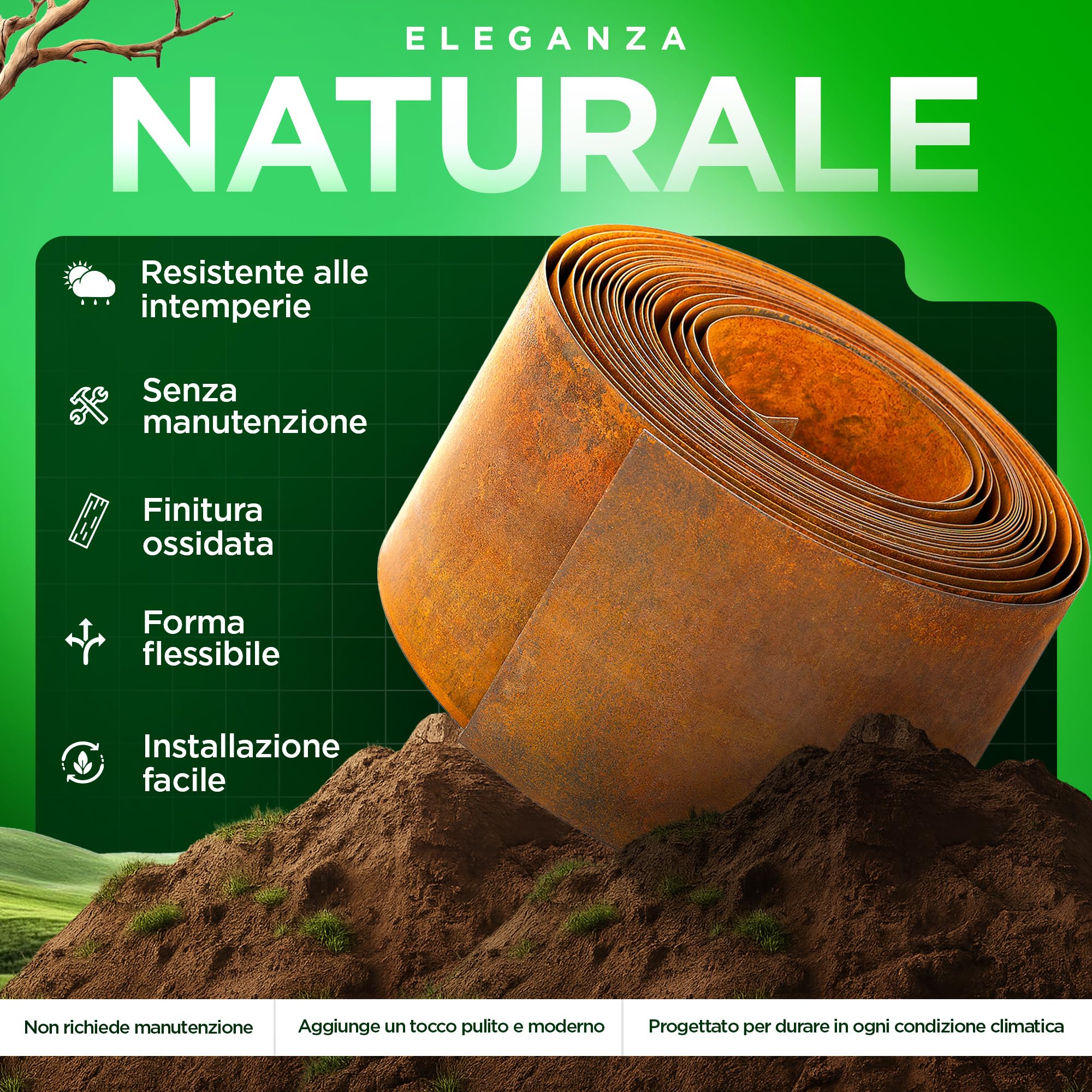 Bordura Corten per Giardino 10 Metri | Bordura per Aiuola Esterno 14 cm Altezza | Design Flessibile e Facile da Installare | Include Guanti, Blocco in Legno, Connettori ed eBook con Istruzioni