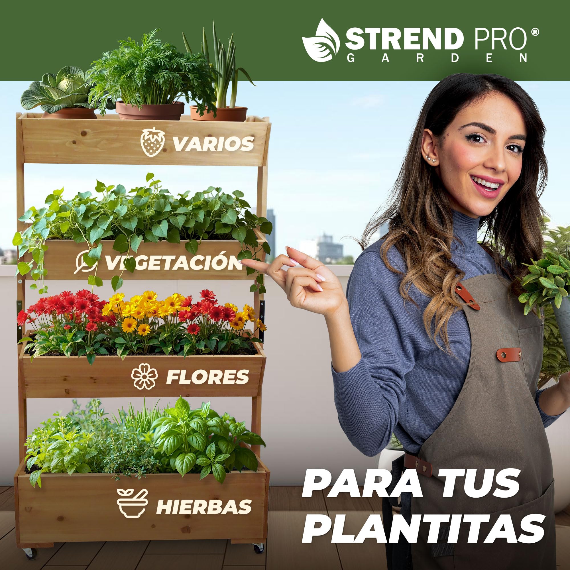 STREND PRO Balcón de jardín elevado de 4 niveles de MADERA | 147 x 85 x 45 cm (AxLxP) | Bancal vertical resistente a la intemperie Escalera para plantas de exterior | Bancal para balcón para flores