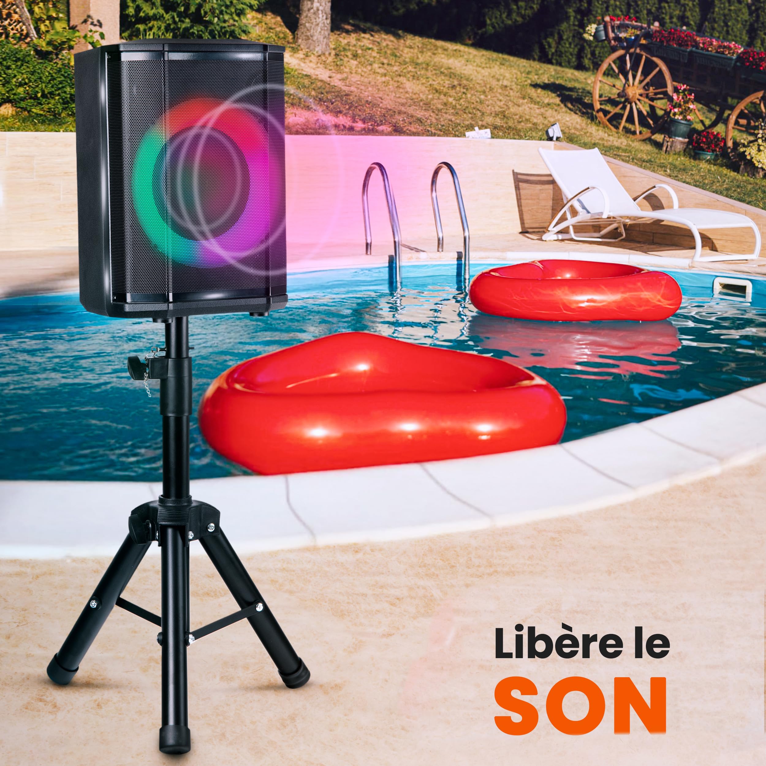 Pyle Enceinte Bluetooth Portable de Fête 120W – Enceinte Karaoké avec Woofer 8", Son Hi-Fi, Fonction TWS, Entrée Micro, USB/Micro SD/FM, Lumières LED, Batterie Rechargeable Longue Durée & Support Pied