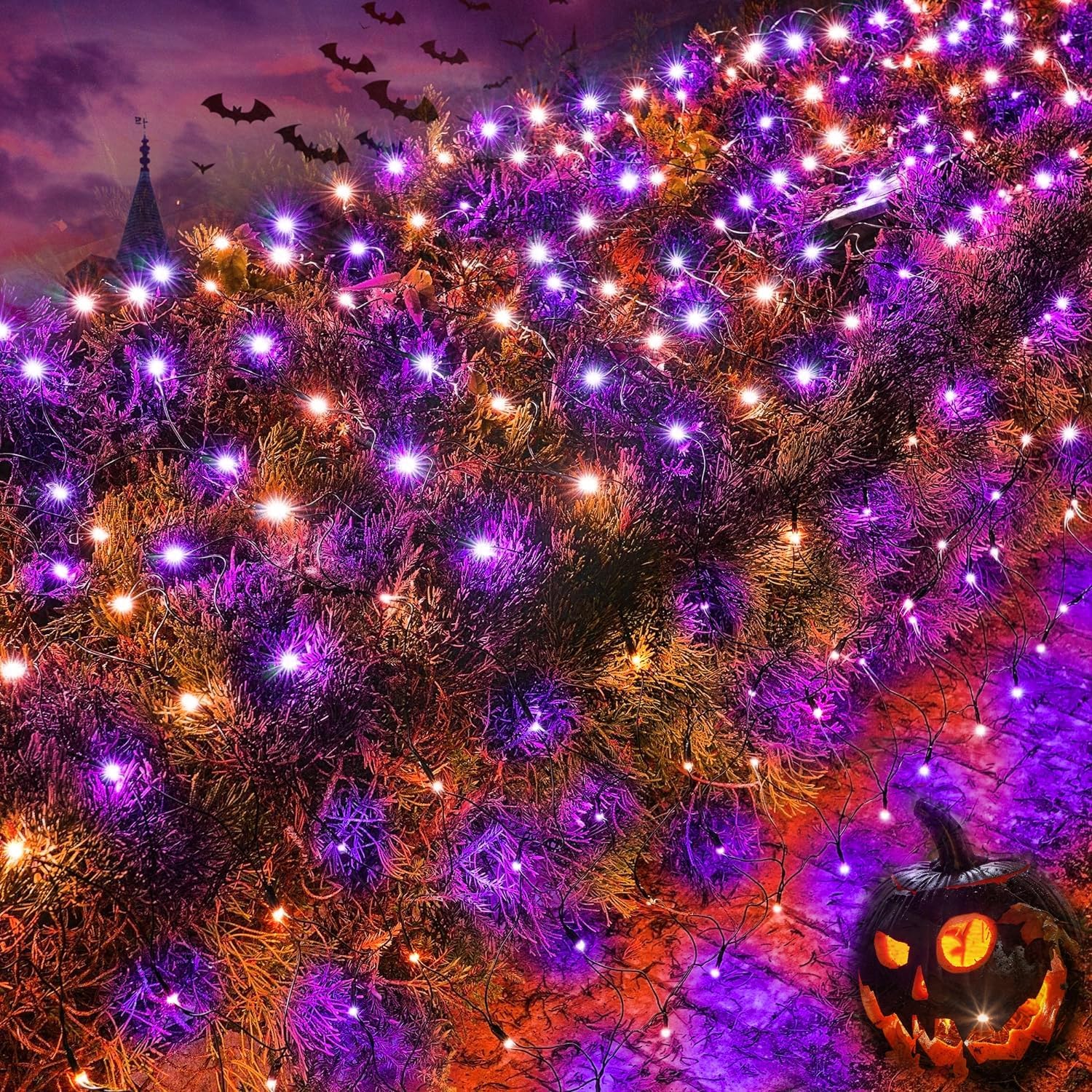 Product image of TW SHINE Halloween 200 LED Net Lights, 9.8 FT x 6.6 FT Connectable Waterproof Decorations with 8 Modes for Outdoor Garden Holiday Party (Purple & Orange)