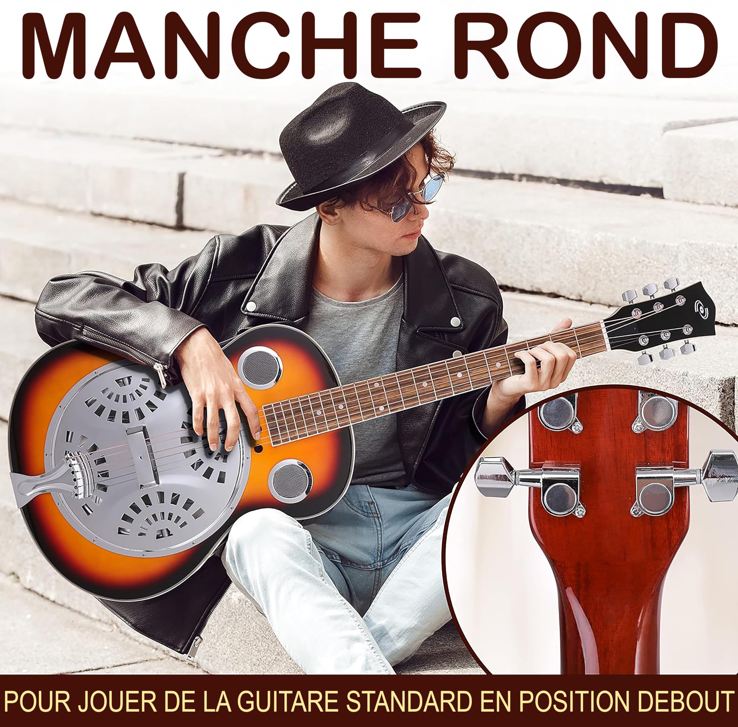 Pyle Guitare - Guitare Electro Acoustique Résophonique, Résonateur Traditionnel à Manche Rond Taille Réelle, Préamplificateur Intégré, Blanc