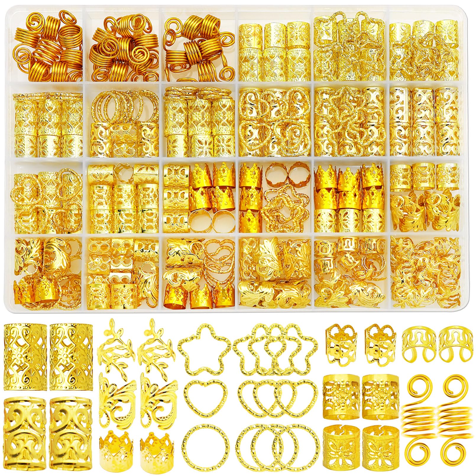 Fscwlmon 260 Pcs Hair Jewelry for Braids,Hair Beads Accessories for Dreadlock,Metal Hair Clips Cuffs Rings,Loc Rave Hair Charm Decorations Adjustable Kits for Men Women Golden