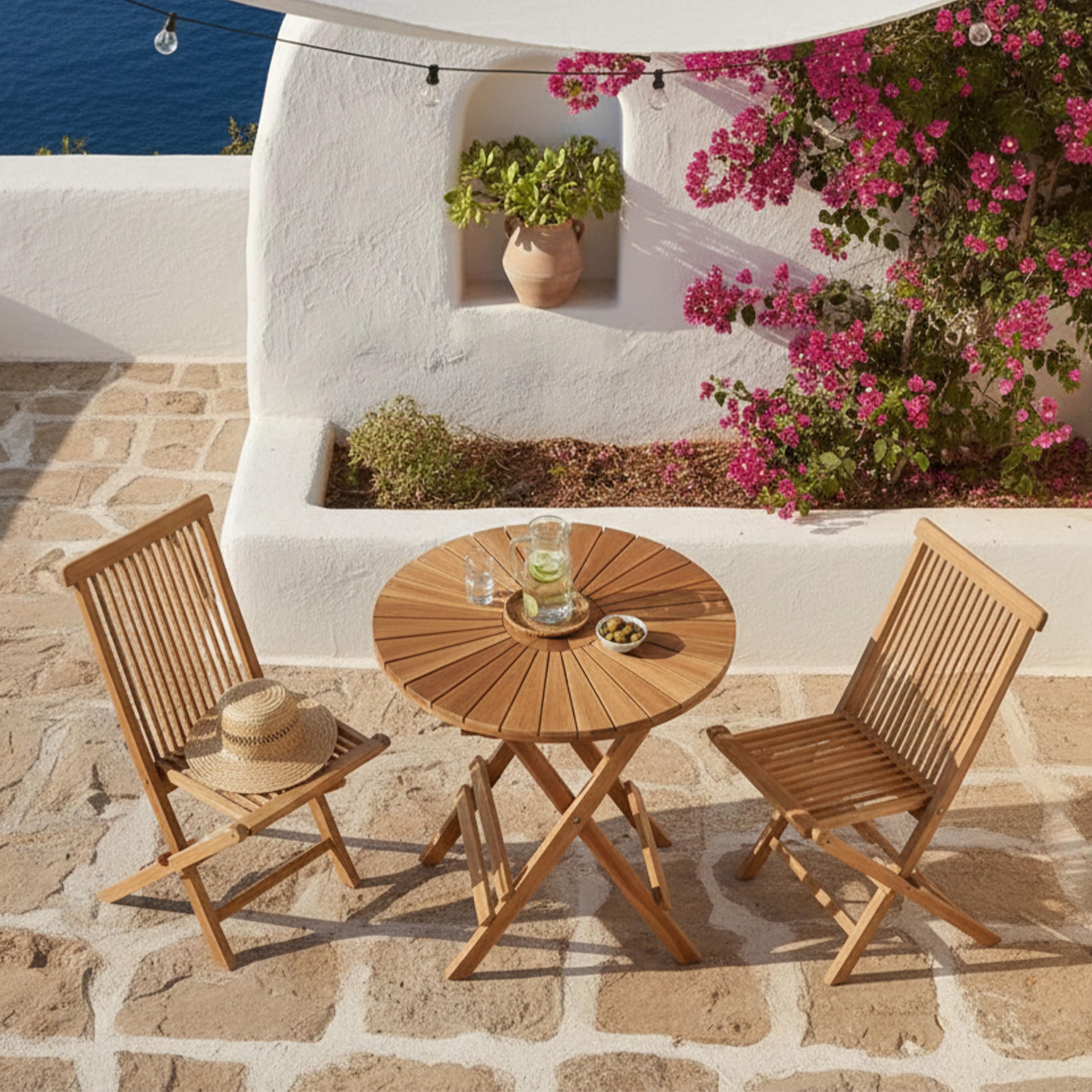 AXI Gia/Mina Conjunto de Bistro de Teca, 3 Piezas | Conjunto de Bistro con 2 sillas Plegables - Mesa de Jardin Redonda Plegable de 60 cm | Conjunto de Jardin de Madera para Balcon, terraza y Jardin