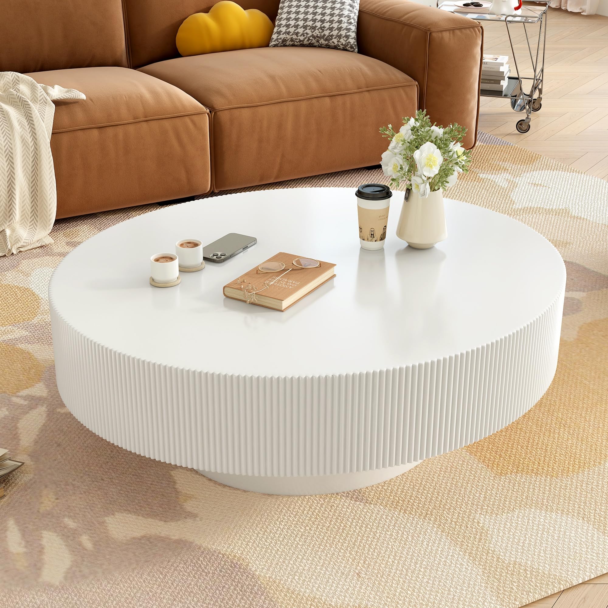 SOFTSEA Round Coffee Table for Living Room, Modern Drum Center Table, Fluted Side Table with Sturdy Base for Bedroom, Office, Apartment, 31.5”L x