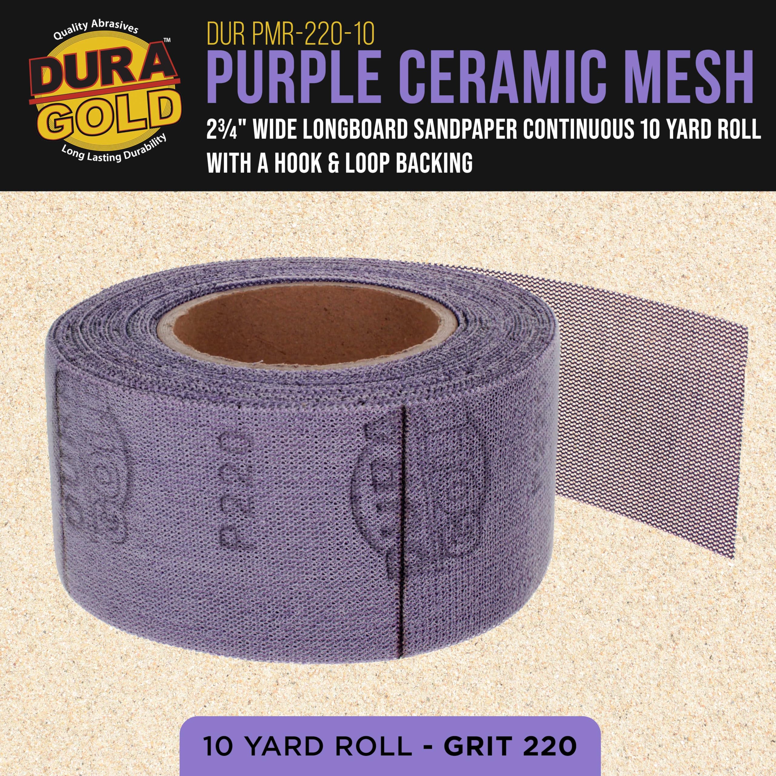 Dura-Gold Papel de lija de malla de cerámica púrpura de grano 220, rollo continuo de 2-3/4 pulgadas de ancho de 10 yardas, parte trasera de velcro sin polvo para lijadoras de tablero largo de lima de