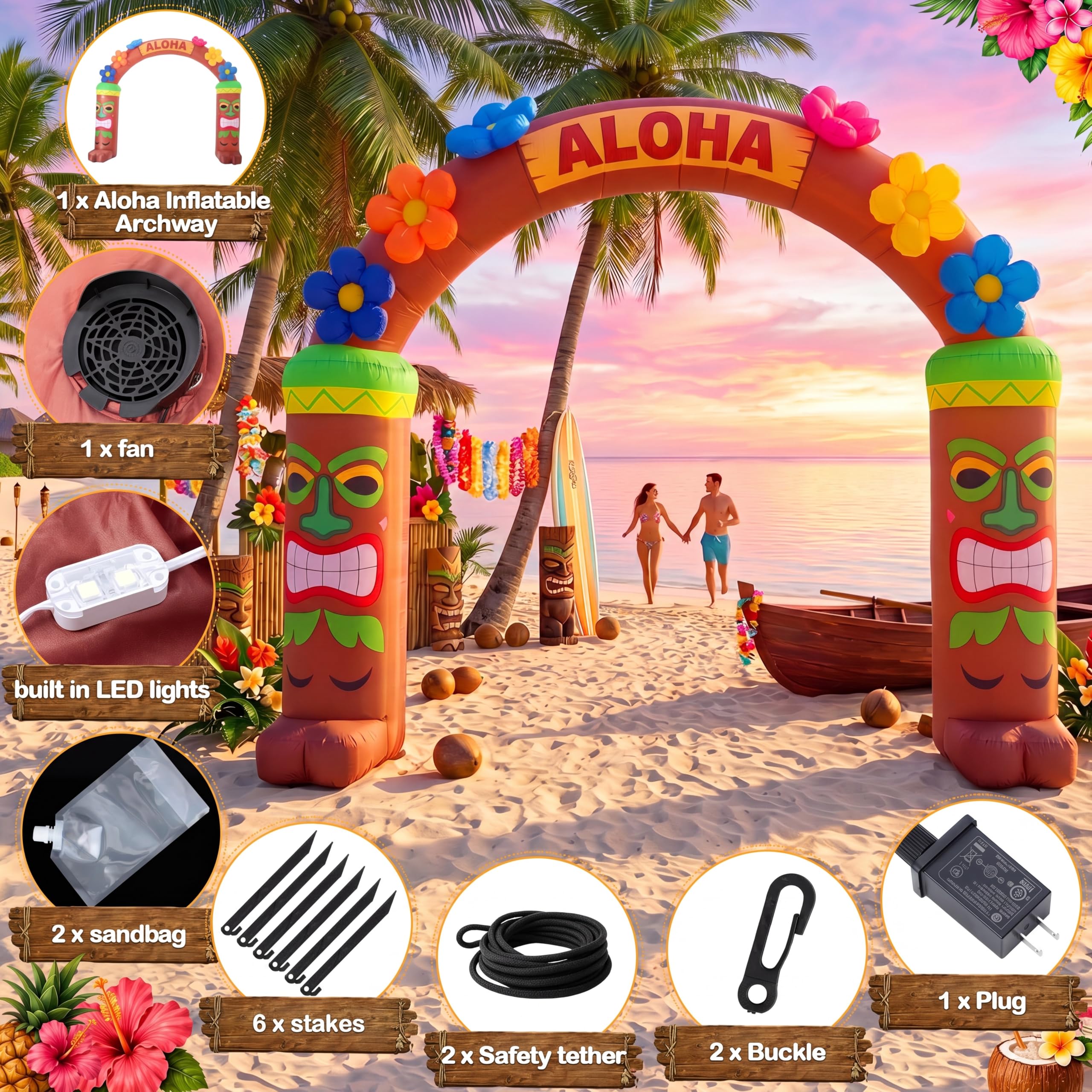 Arco gonfiabile Luau hawaiano da 3 m, decorazione estiva illuminata a LED, decorazione estiva Aloha Tiki per feste, per l'estate, tropicale, spiaggia, piscina, interni ed esterni, prato