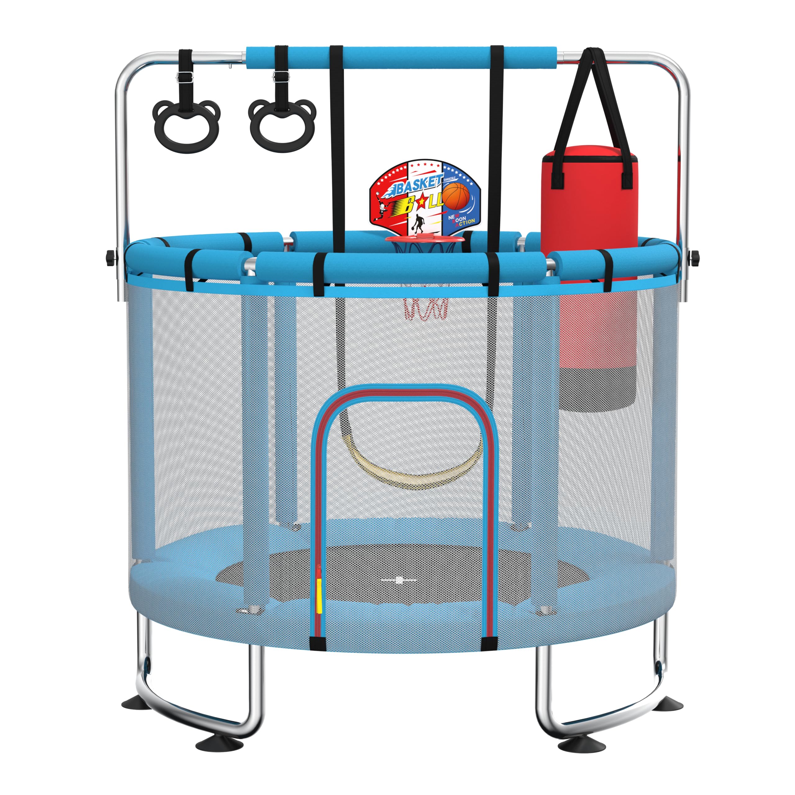 Kindertrampolin 140 cm für drinnen und draußen – 50 kg Belastbarkeit mit Sicherheitsnetz, Verstellbarer Turnstange und Basketballkorb, Geschenk für Jungen und Mädchen