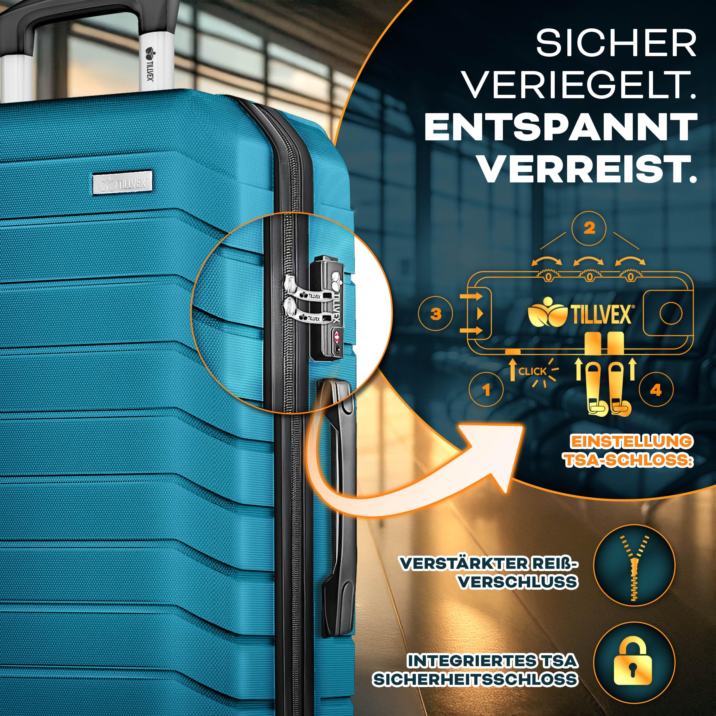 tillvex® Reisekoffer Set 4-teilig + Gepäckwaage, 4X Koffergurte & 4X Kofferanhänger | Kofferset 4 Rollen | Trolley Gepäck Koffer TSA Schloss | Hartschalenkofferset S-M-L-XL