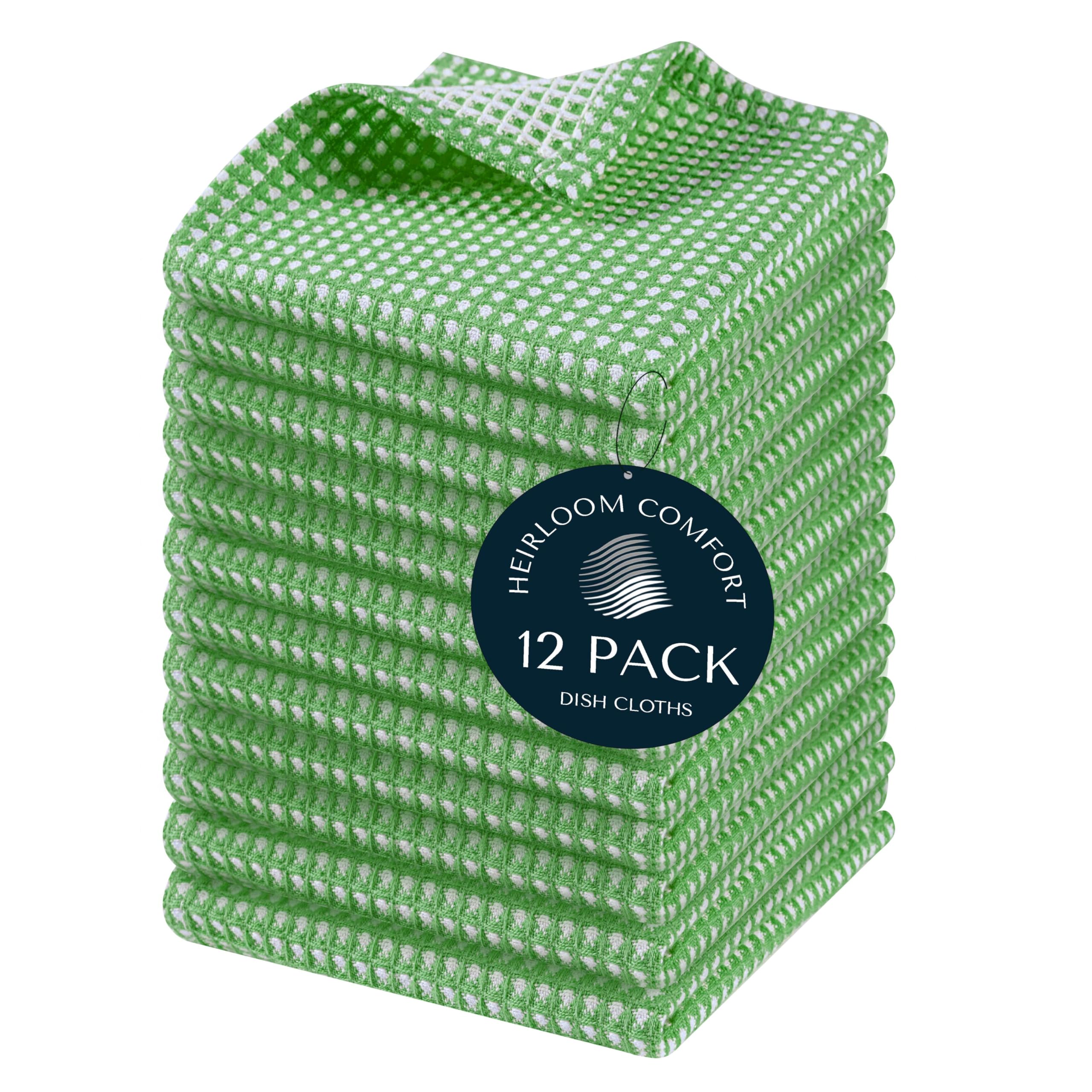 HEIRLOOM COMFORT 12 Pack Dual Tone Waffle Weave Dish Cloth, 30x30 cm, 100% Cotton Dishcloth Set, Super Absorbent, Quick Drying, Soft Hand Towels for Cleaning, Washing, Durable, Mint Green