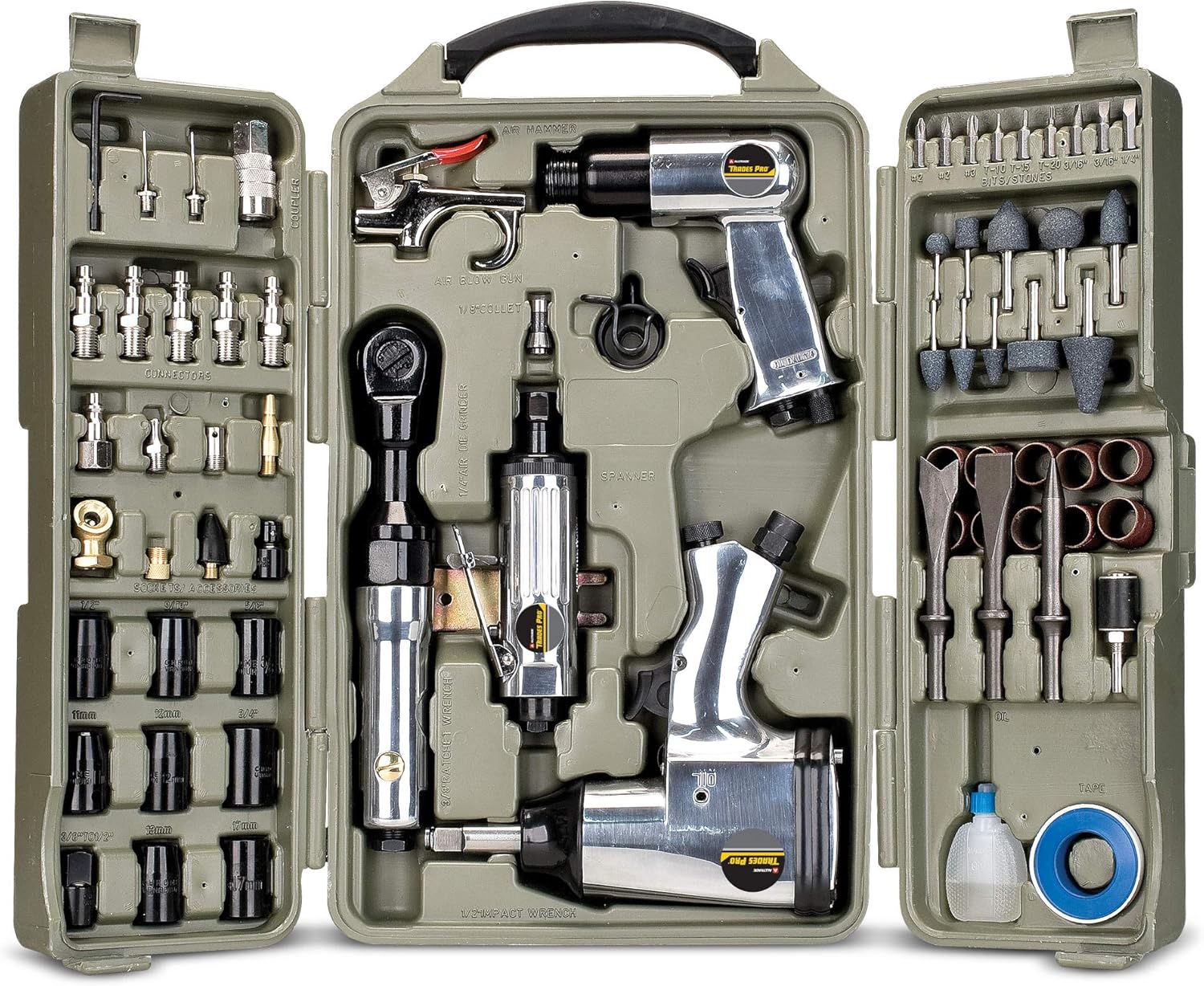 Trades Pro Air Tool and Accessories Kit, 71 Piece, Impact Wrench, Air Ratchet, Die Grinder, Aire Hammer, Hose Fittings, Storage Case – 836668
