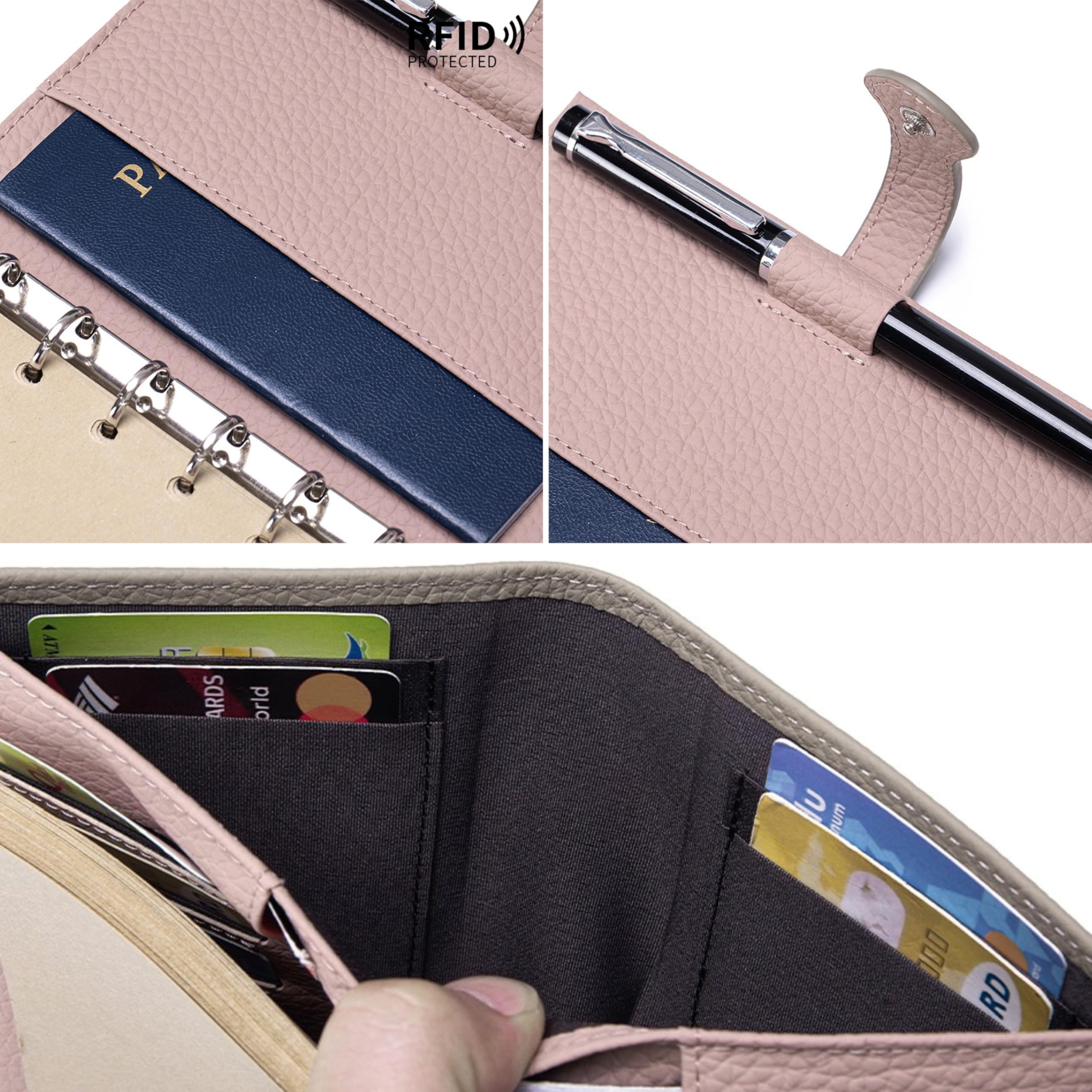 Leder-Tagebuchhülle für A7-Planer, kleines Notizbuch-Cover mit Gesäßtasche, Stiftschlaufe, Kartenfächern und 6-Ring-Nachfüllpapier (12 x 8,2 cm), Reisepasshülle für Reisen