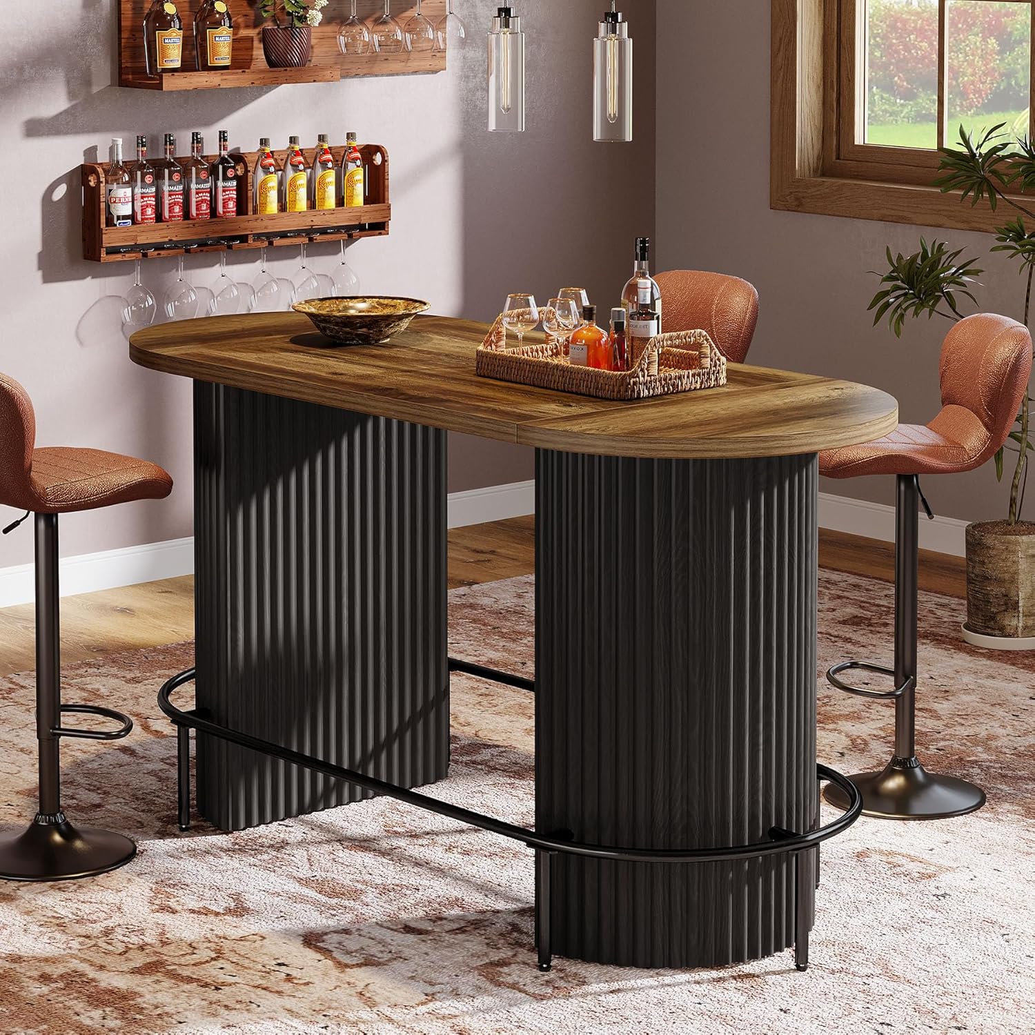 Tribesigns Bar Table, Modern Industrial Counter Height Pub Dining Table with Metal Footrest, Oval Home Bar Unit for Kitchen, Living Room & Dining, Black