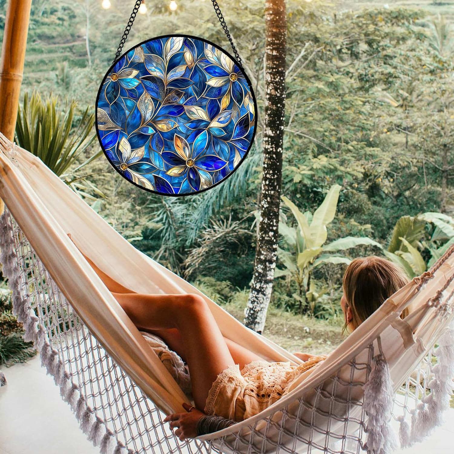 Stained Glass Window Hanging - Blue Gold Abstract Flowers Suncatcher for Door Terrace Garden Home Decor, Plant Sun Catcher Birthday Gifts for Lovers Women Men Dad Mom Nana 9.8 in