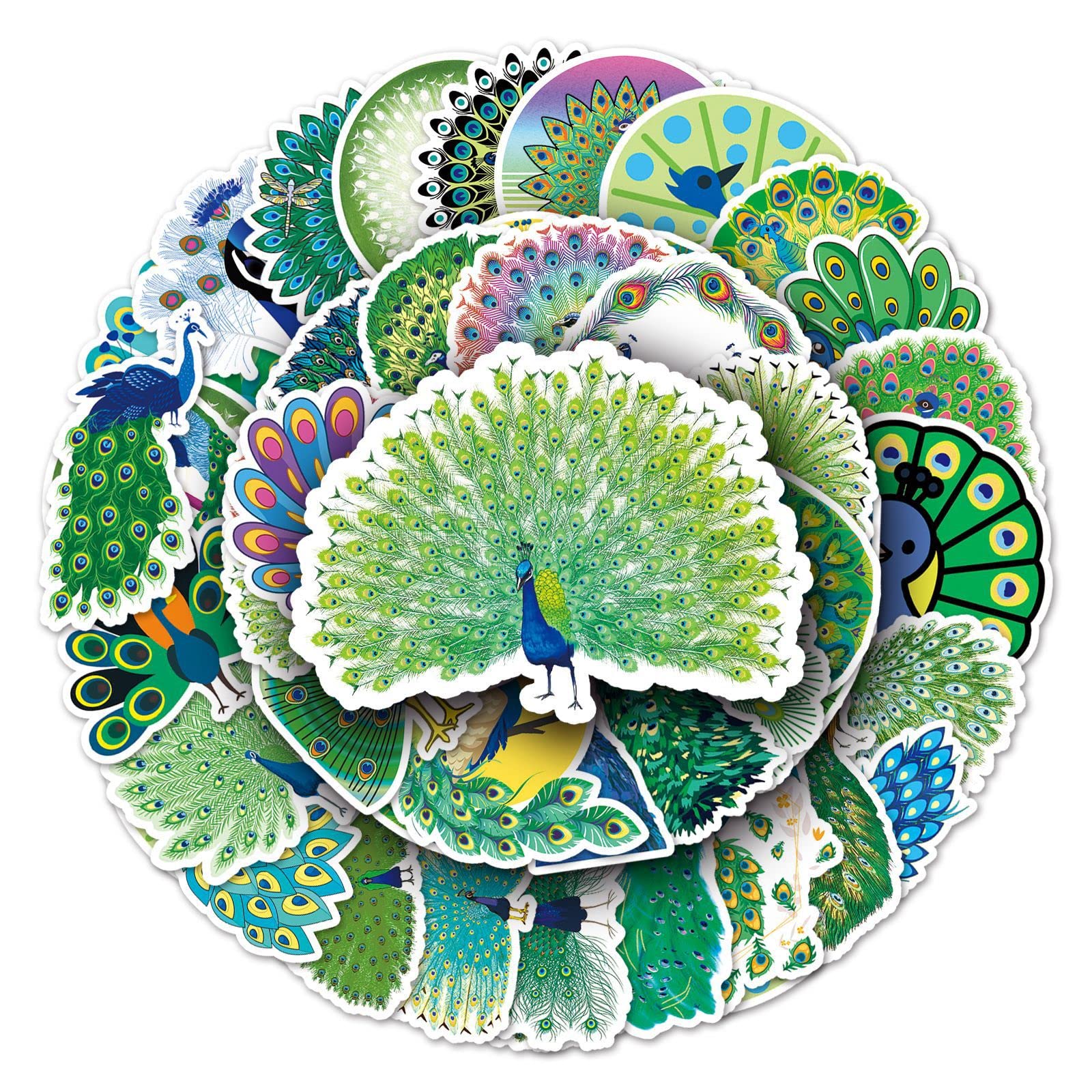 50Pcs Peafowl Stickers Laptop Car Scrapbook Phone Skateboard Suitcase Luggage Bike Peacock Stickers Vinyl Waterproof Aesthetic Personalised Stickers for Teens Boys Girls Adults Children