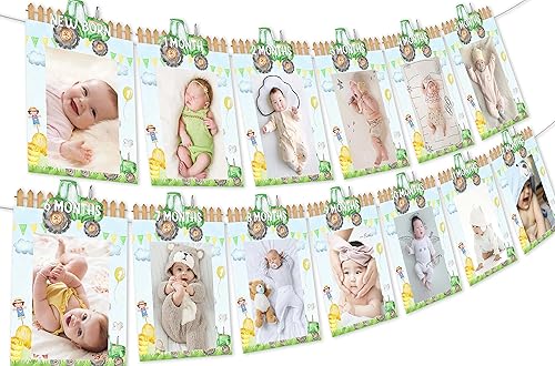 Wonmelody Decoraciones de primer cumpleaños de tractor, pancarta de fotos de tractor de granja de recién nacido a 12 meses, pancarta de cumpleaños
