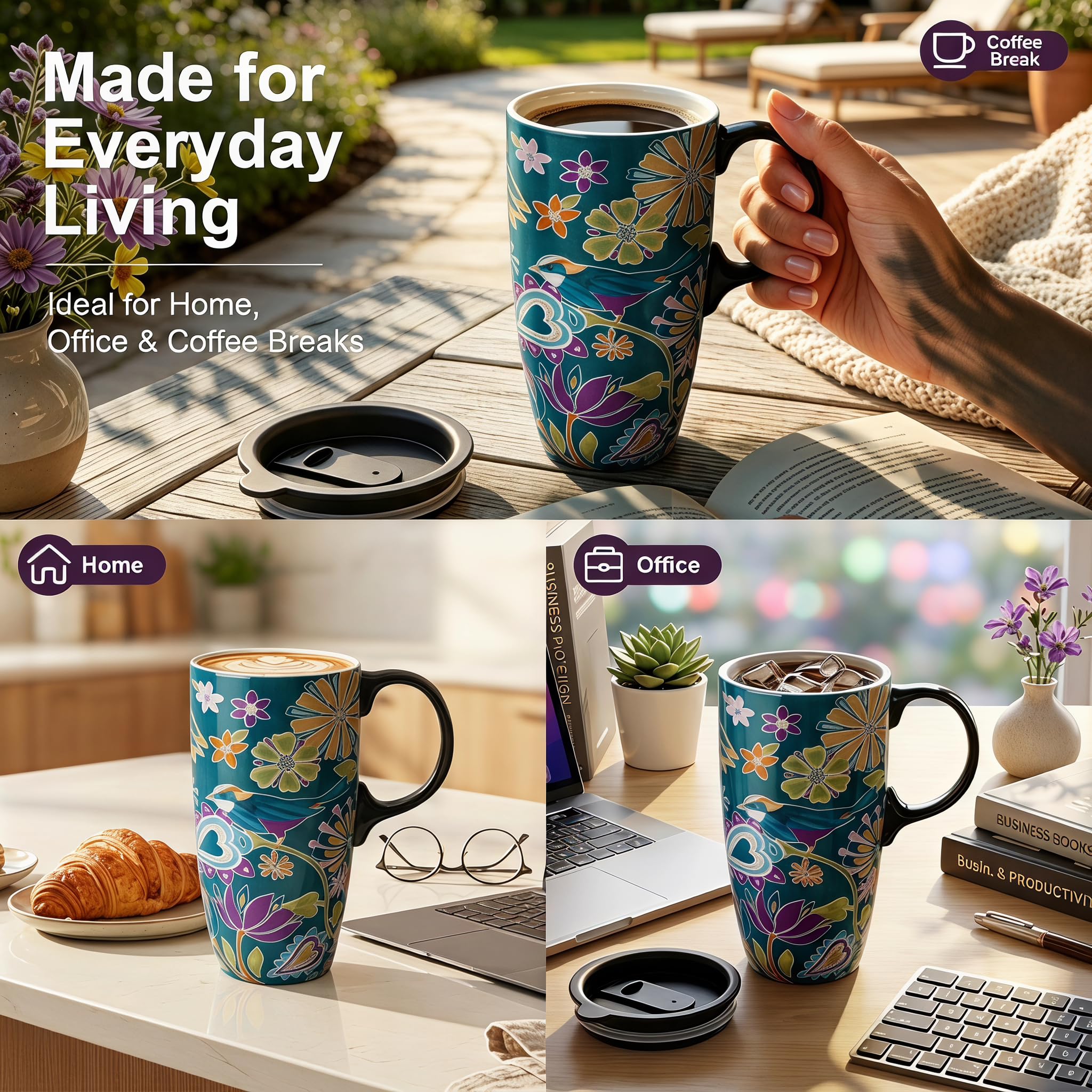 CEDAR HOME ceramiczny kubek do kawy porcelanowy latte filiżanka do herbaty z pokrywką 470 ml kwiatowa symfonia, turkusowy
