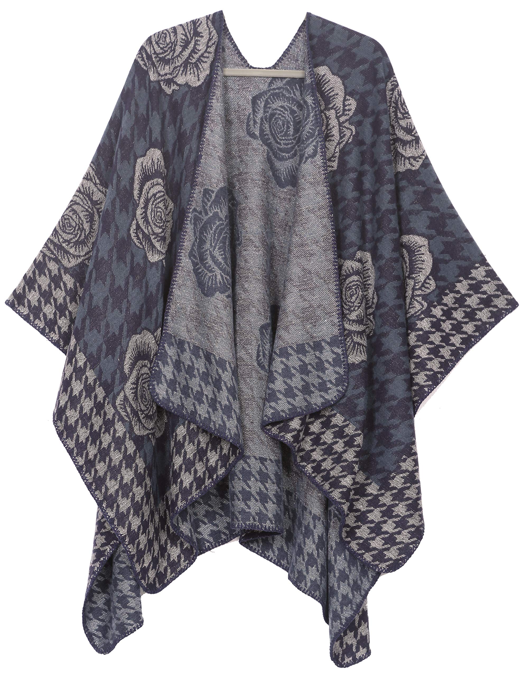 Sakkas 1928 - Lupe Womens Reversible Poncho Wrap Cape Shawl Sweater Coat Cardigan Pattern - Houndstooth Gray - OS