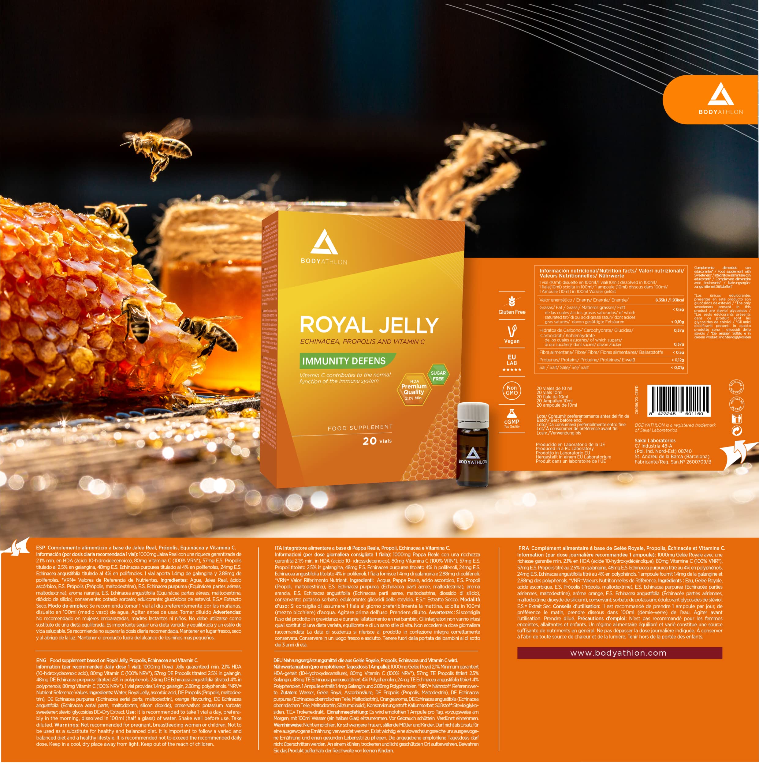 Bodyathlon- Pappa Reale Propoli, Echinacea Vitamina C- Echinacea difese immunitarie- Premium Quality- Royal Jelly flaconcini- Difese attive Senza Zucchero- Combatte fatica e stanchezza- 20 fiale
