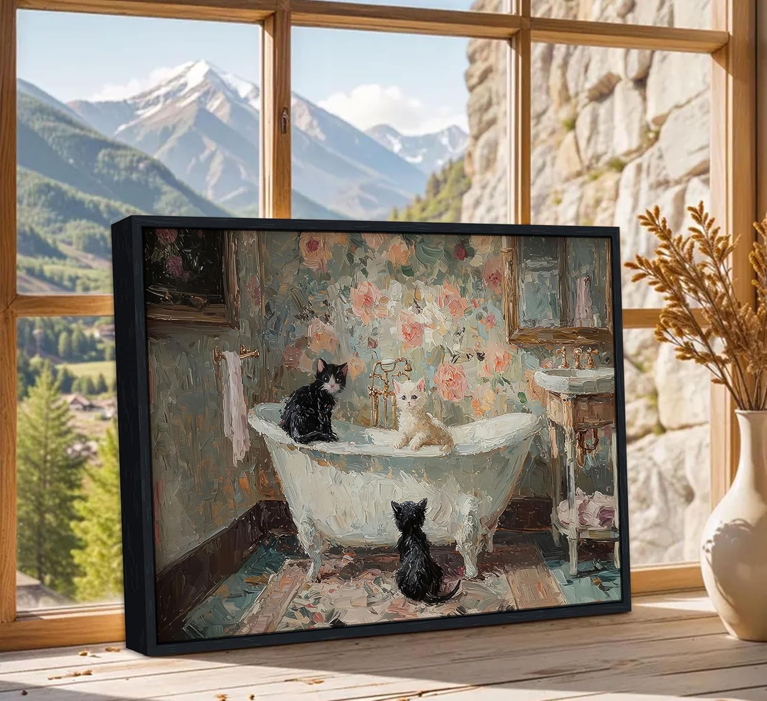 Framed Funny Bathroom Cat Canvas Wall Art Vintage Bathtub Cat Poster Prints Cute Animal Painting Picture Artwork Wall Decor for Restroom Toilet Bedroom 16x24in