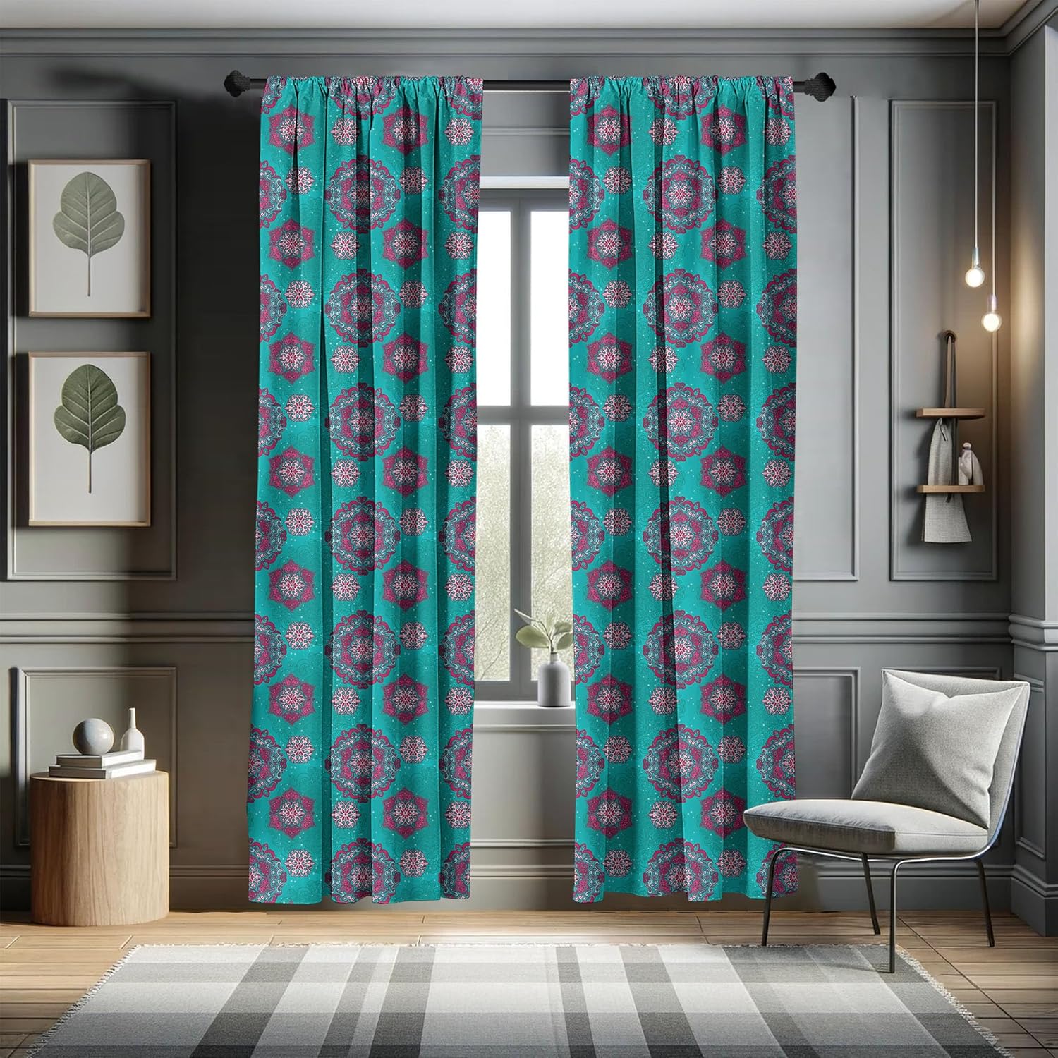 Ambesonne Victorian Curtains, Floral Ornaments with Medieval Origins Boho Mandala Pattern, Window Treatments 2 Panel Set for Living Room Bedroom, Pair of - 28" x 95", Pink Turquoise