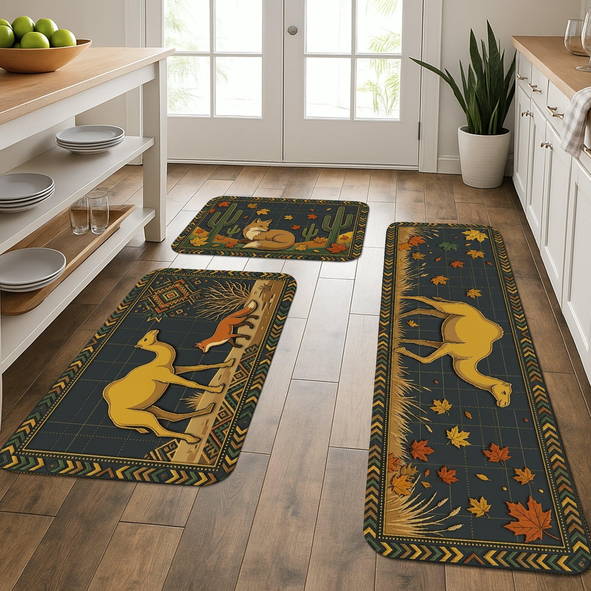 Tapis de cuisine lavable lot de 3 avec motif renard et tapis de bain rustique