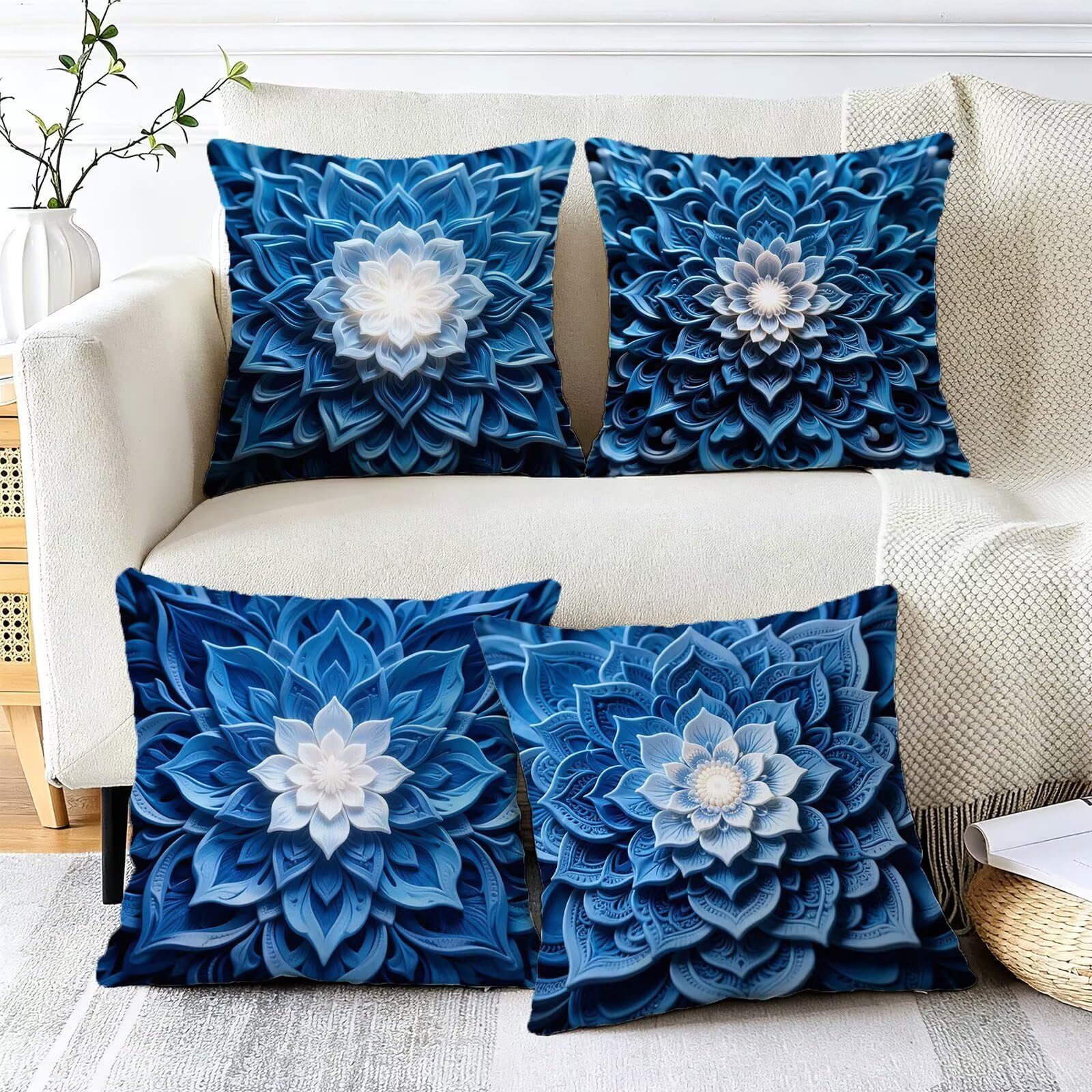 Blu Federe Cuscini Divano 60x60cm, Cuscini da Esterno Set de 4, Cod-153 | Lin Copricuscini Decorativi Letto Arredo, per Letto, Soggiorno, Giardino, Esterno, Casa Decorazione Set di 4 Fiore