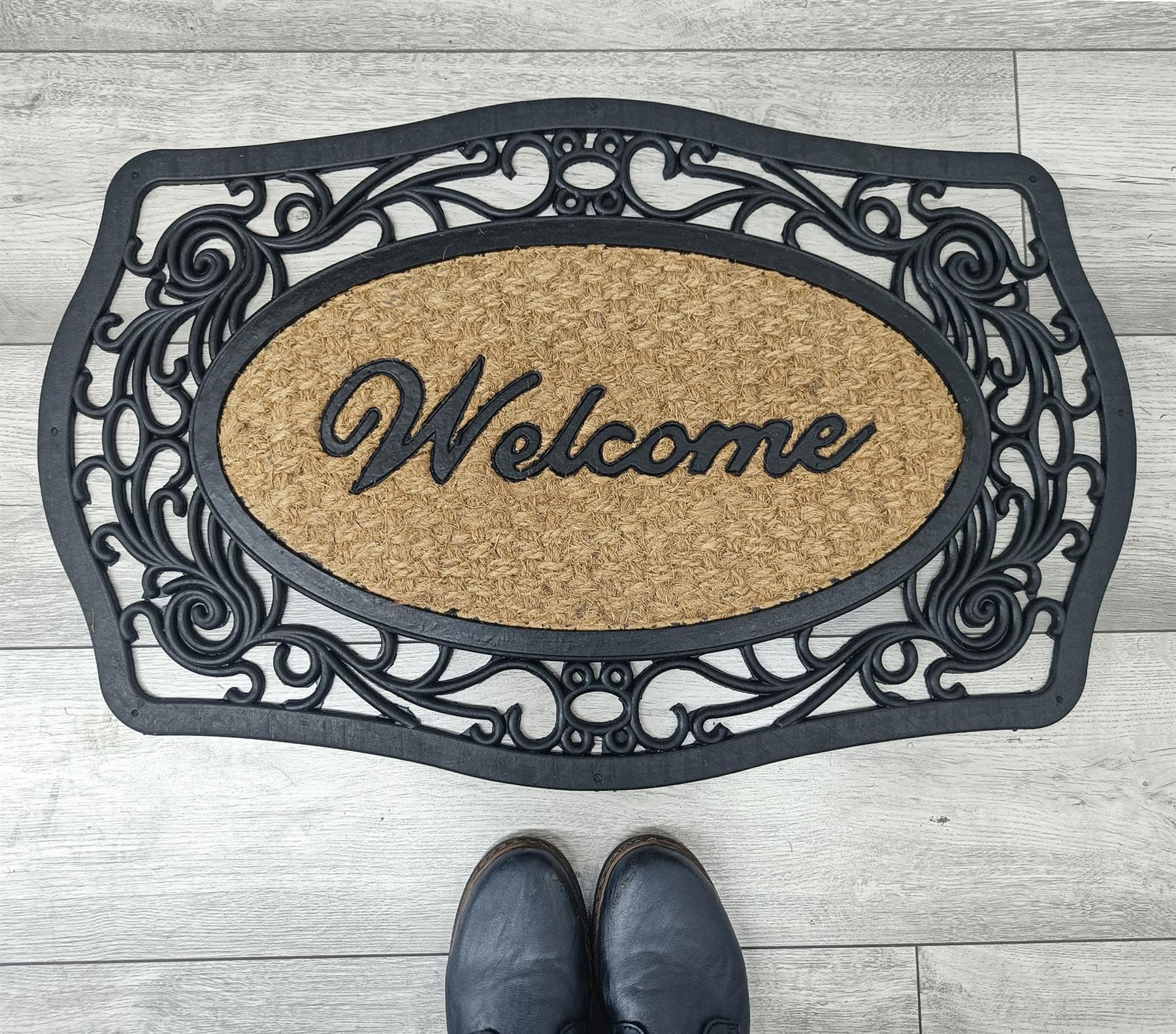 Vapinity 45 x 75cm Coir Rubber Door Mat – Heavy Duty Non-Slip Outdoor Doormat for Garden, Patio, Front Door, Indoor Entrance – Large Welcome Mat, Natural Coir with Durable Rubber Elements [Design06]