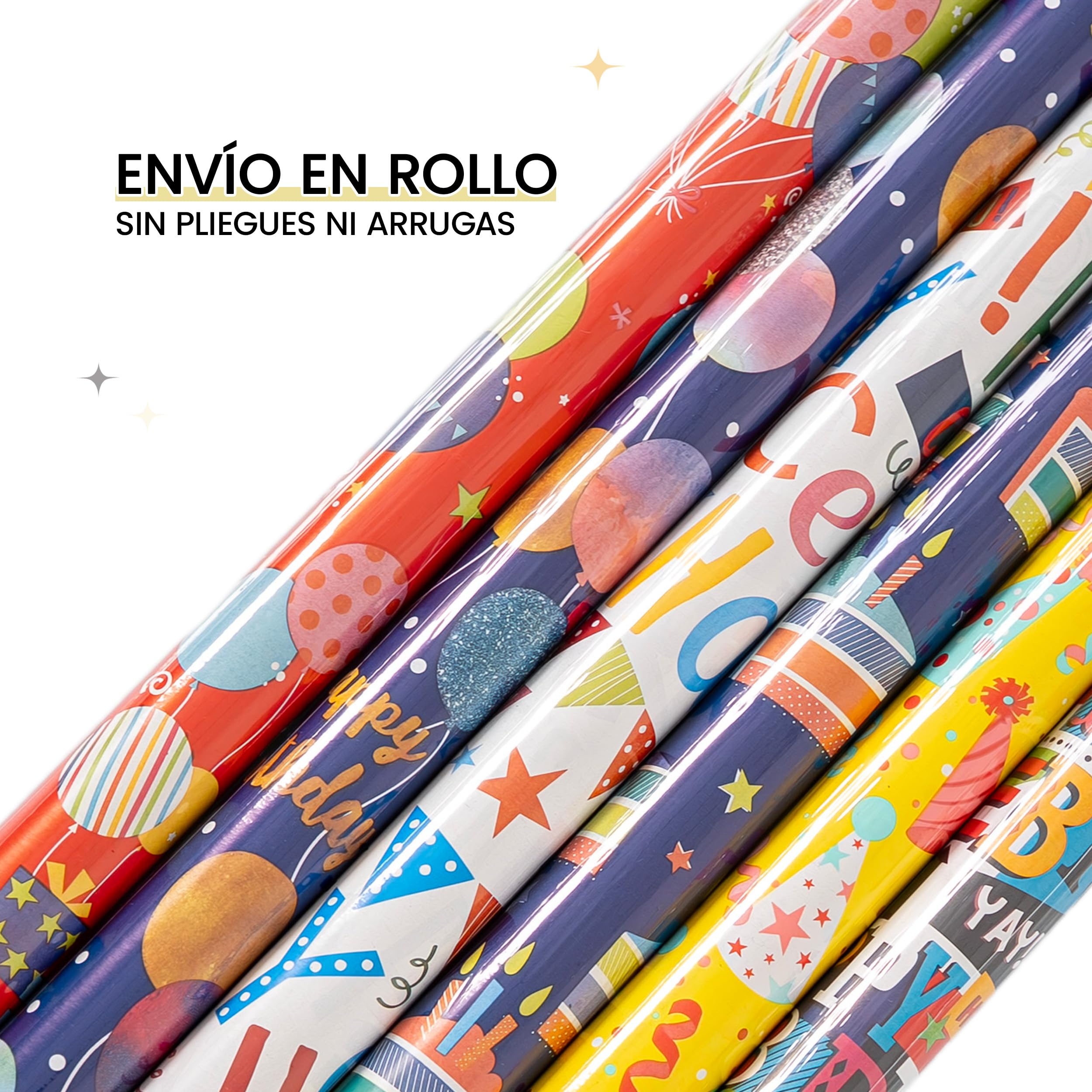 H HANSEL HOME Pack 6 Rollos Papel de Regalo Cumpleaños 70x200cm – Diseños Coloridos Happy Birthday – Papel Resistente para Envolver Regalos y Fiestas