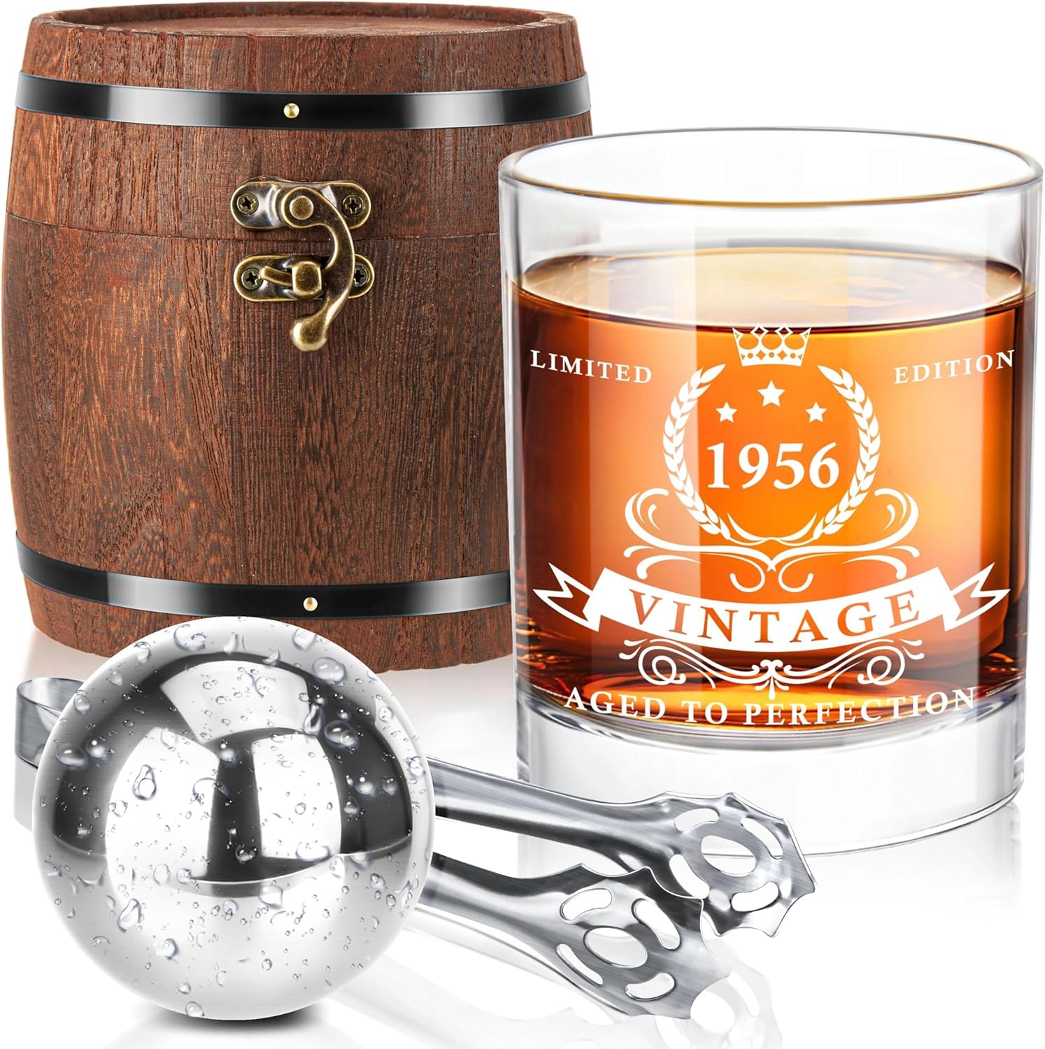 LIGHTEN LIFE 70th Birthday Gifts for Men,1956 Whiskey Glass Set in Barrel Box,70 Years Old Gifts,70th Birthday Gift Ideas for Dad Husband