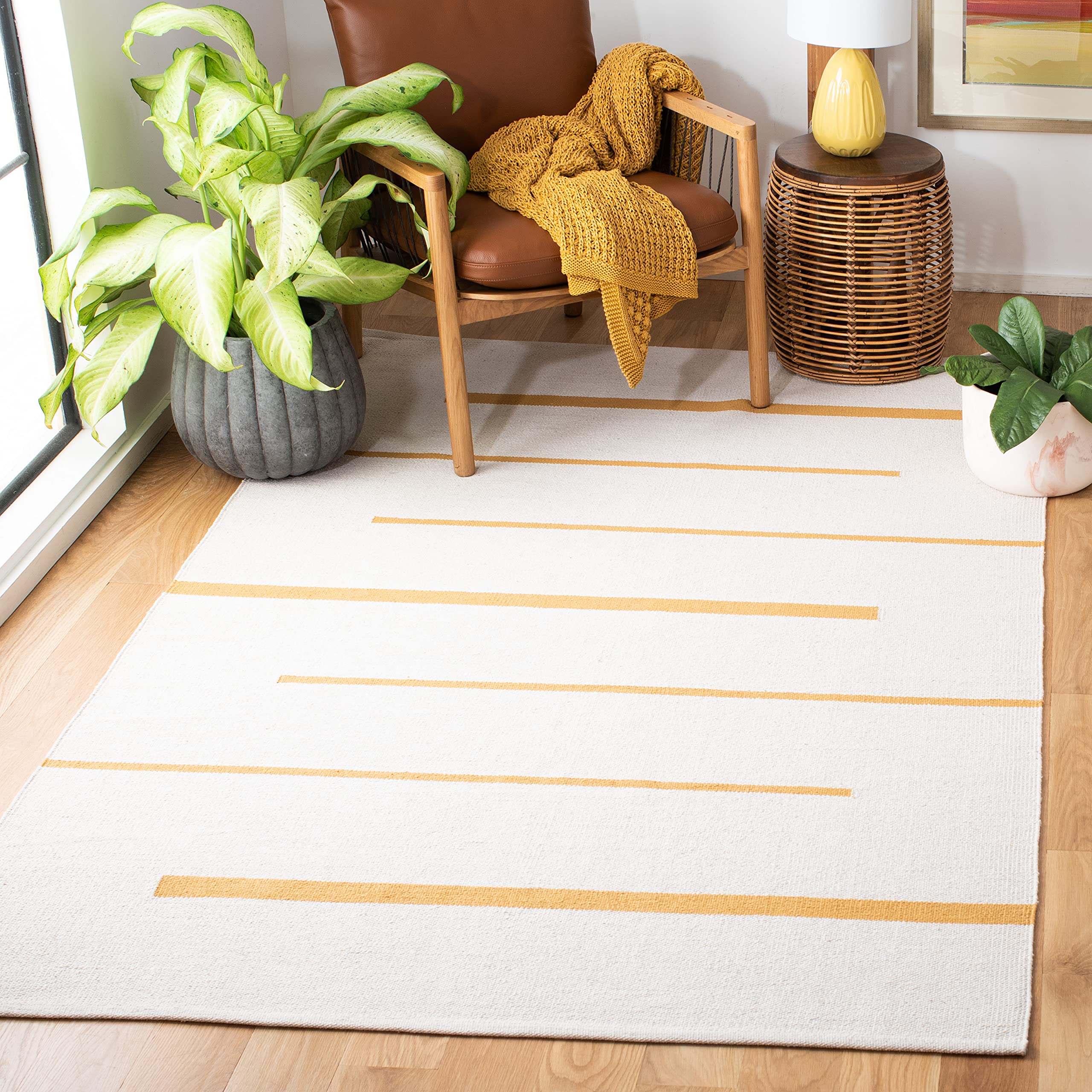 SAFAVIEH Montauk Collection Area Rug - 8' x 10', Ivory & Gold, Handmade Flat Weave Boho Farmhouse Cotton Modern Stripe, Ideal for High Traffic Areas in Living Room, Bedroom (MTK311C)