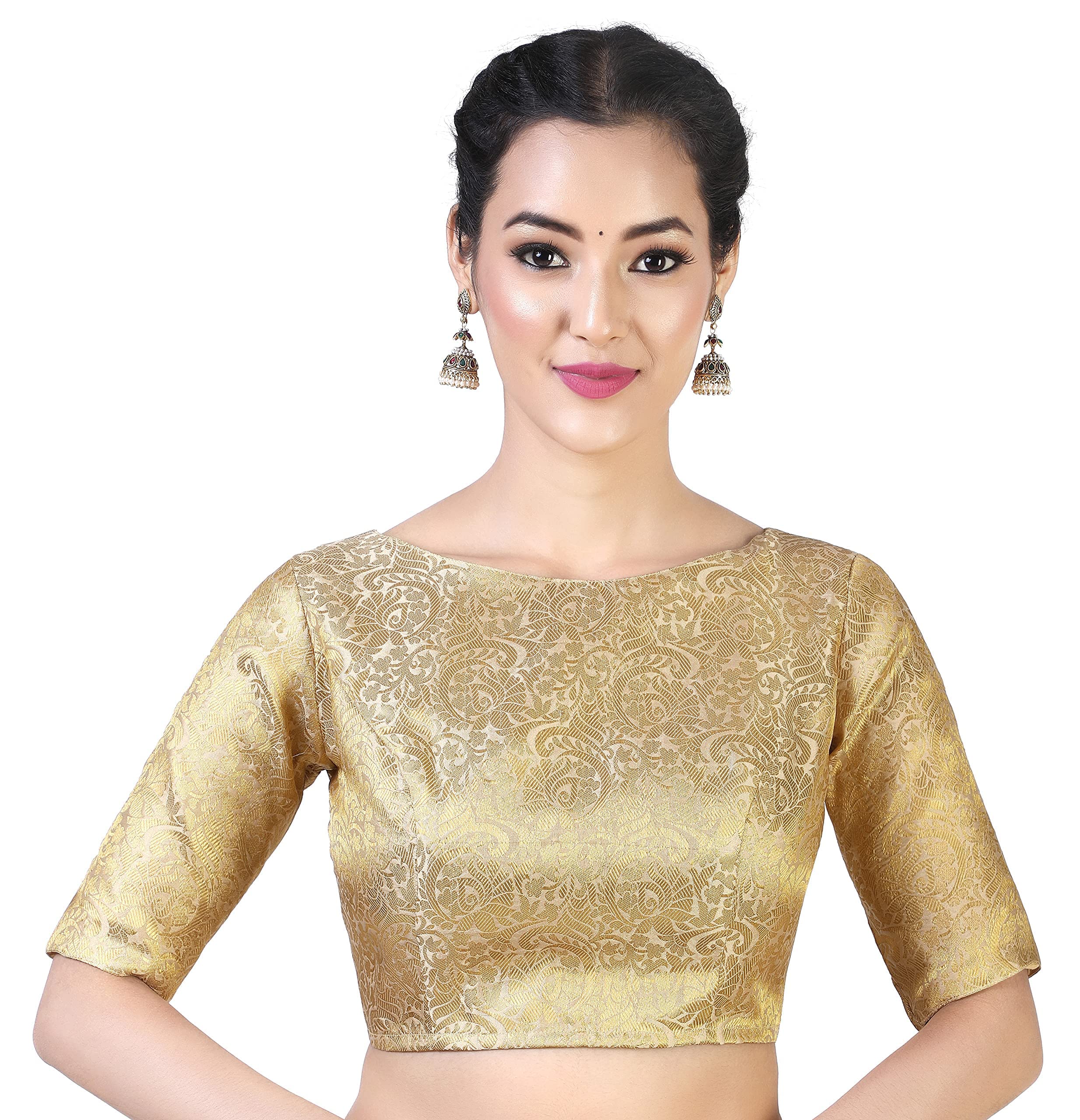 studio shringaar Women's Polyester Printed Elbow Length Sleeves Saree Blouse-picture-21