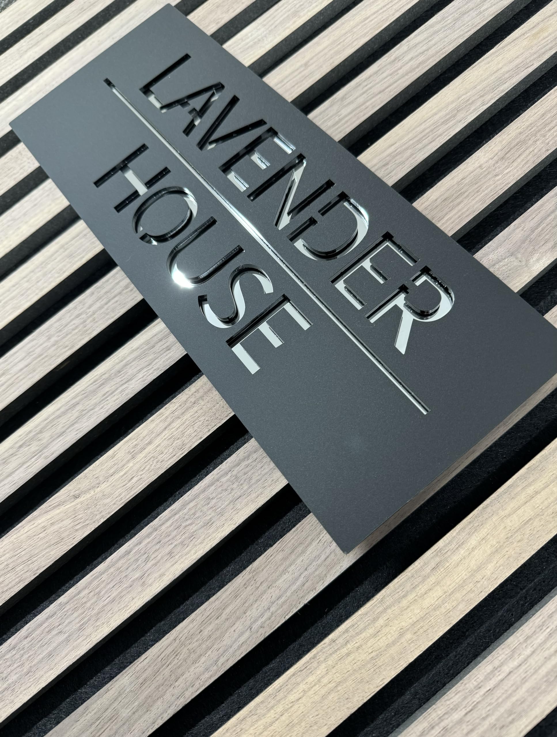 One of a Kind Design UK Personalised House Sign Custom Address Plaque with Number & Street Name Modern Floating Door Sign Slate Look 6mm Acrylic – Weatherproof, UV Stable – Black