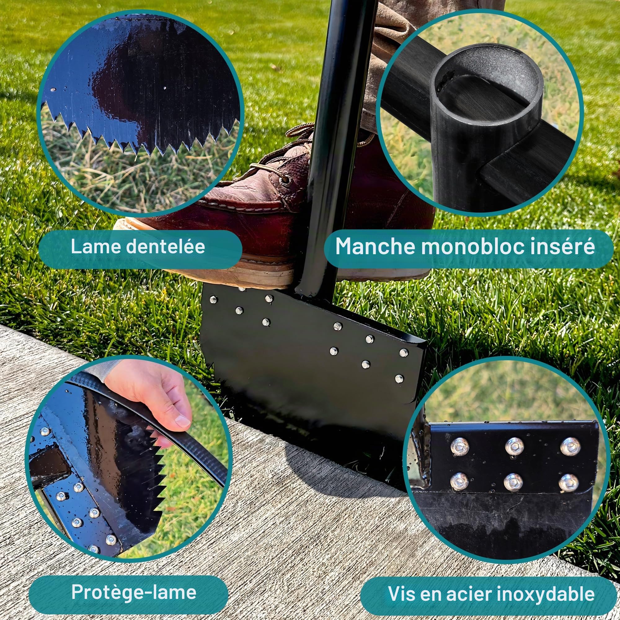 Monobloc Coupe-Bordures 100cm avec Lame en Acier à Ressort, Acier au Manganèse, Antirouille, Outil de Jardin Demi-Lune avec Poignée en Caoutchouc pour l'Entretien Paysager
