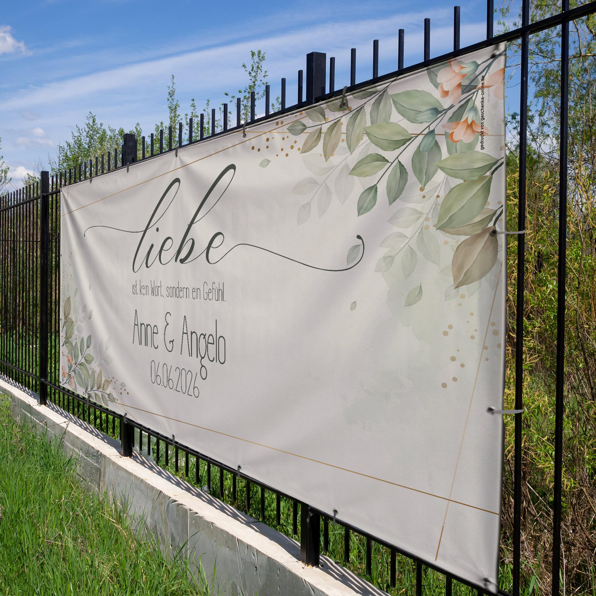Herz & Heim® Bauzaunbanner Hochzeit personalisiert mit Namen & Datum – XXL Hochzeitsbanner für Außenbereich – Banner wetterfest als Hochzeitsdeko für Garten & Location
