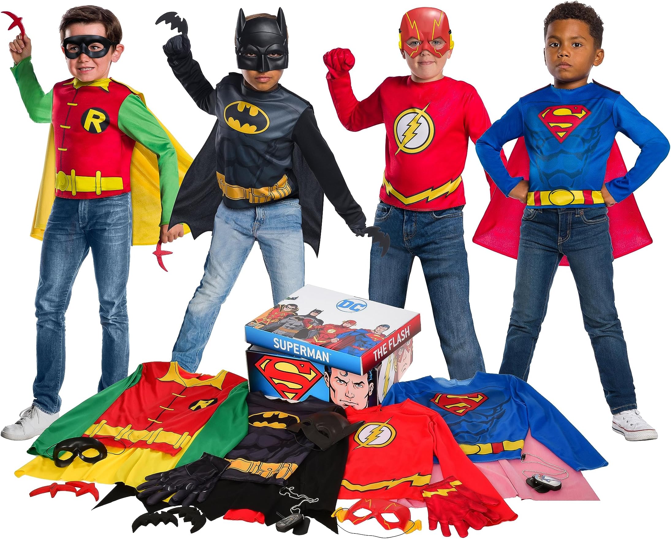 Rubies DC Comics Superheroes: Superman, The Flash, Batman & Robin Dress Up Trunk for Kids, Boy's Small