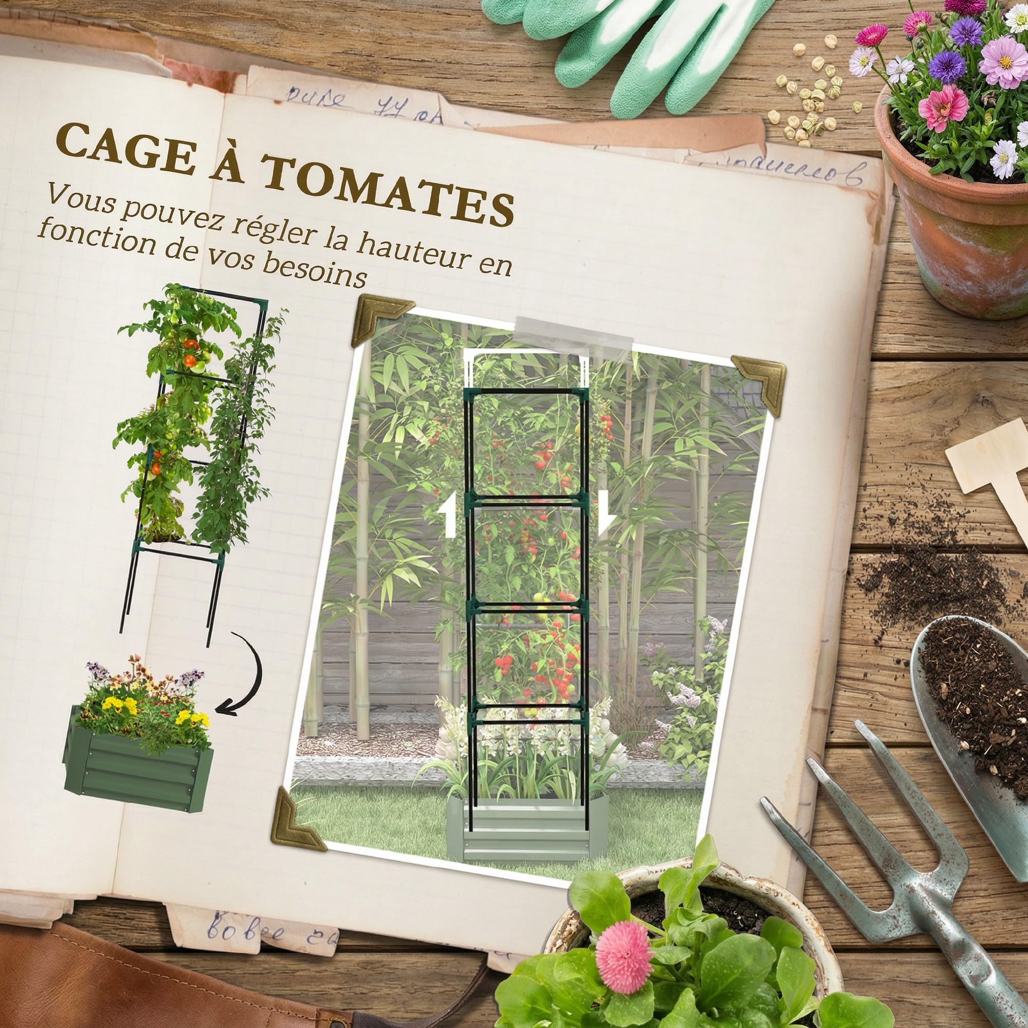 Outsunny Jardinière avec treillis ajustable, bac à fleurs cage à tomates, lit surélevé, pour plantes grimpantes, légumes, fleurs, en acier galvanisé, intérieur et extérieur, cour, jardin, balcon, vert