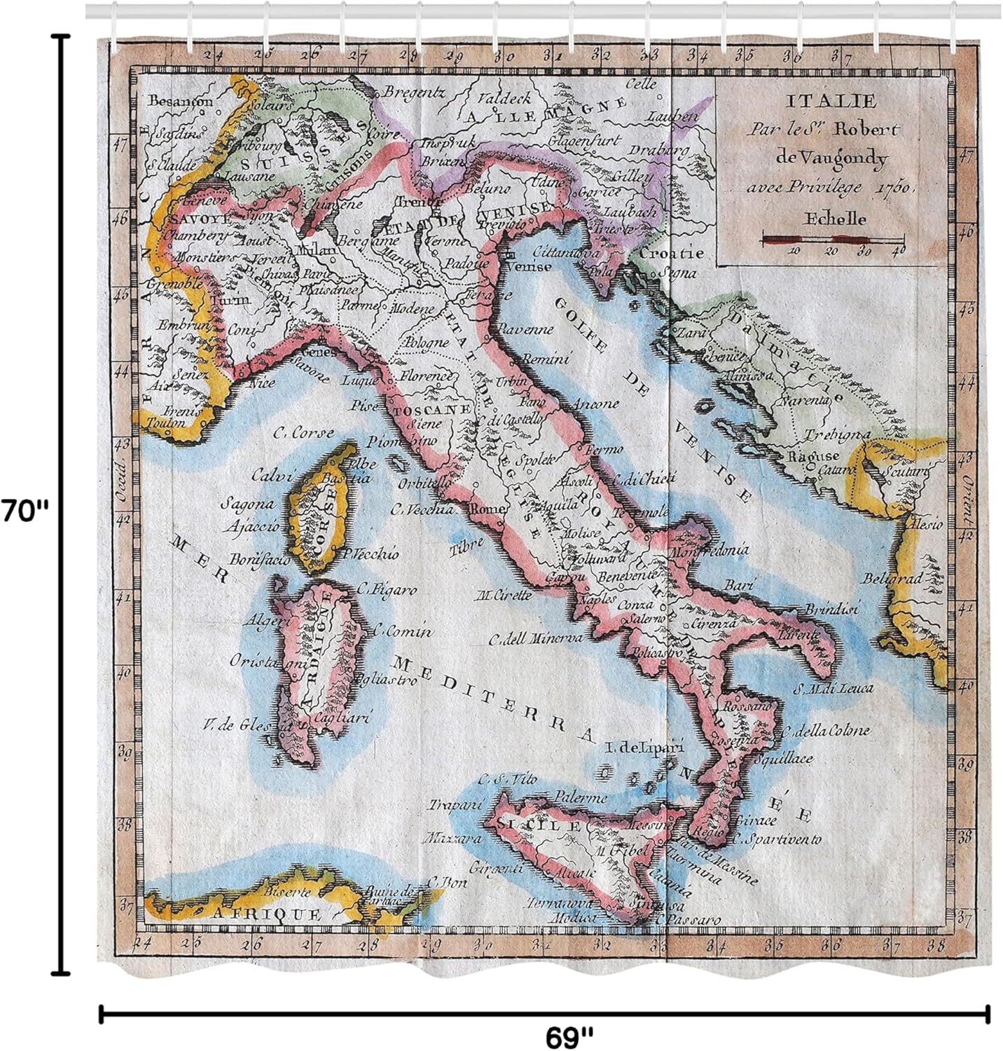 Ambesonne Map Print Shower Curtain, Vintage Map Illustration of Italy with Retro Letterings Print Travel in The Past, Cloth Fabric Bathroom Decor Set with Hooks, 69" W x 70" L, Multicolor