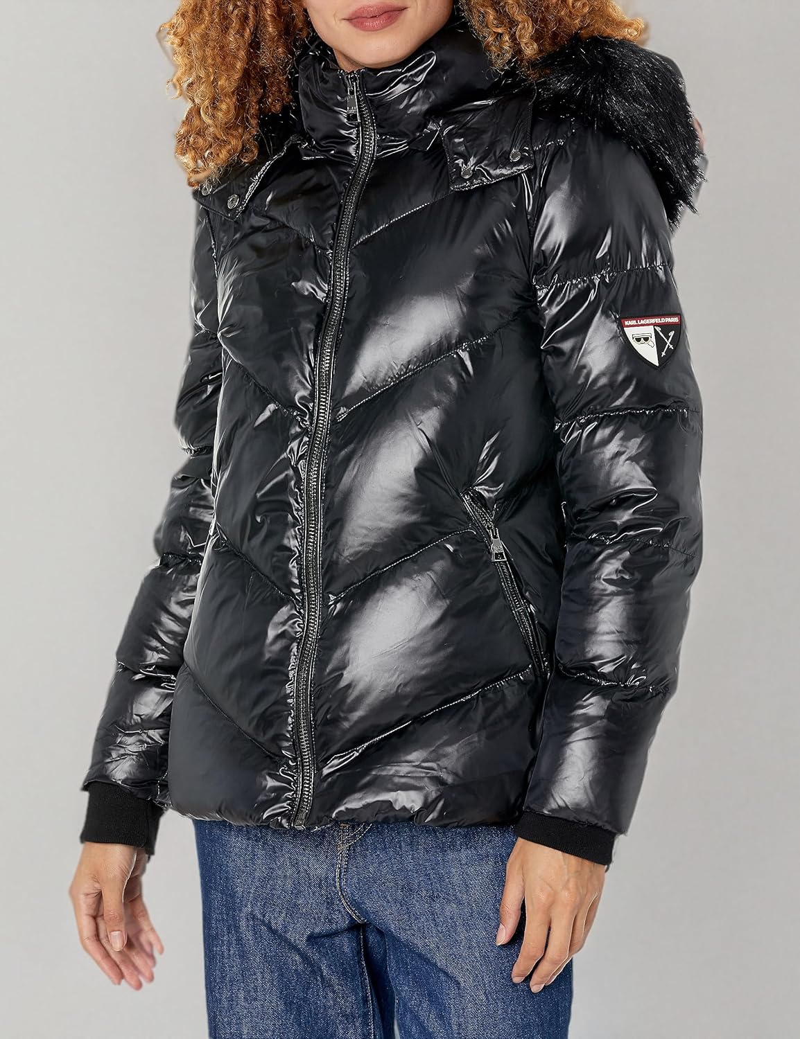 KARL LAGERFELD Women's Faux Fur Trim Hooded Down Short Puffer Jacket - Image 4