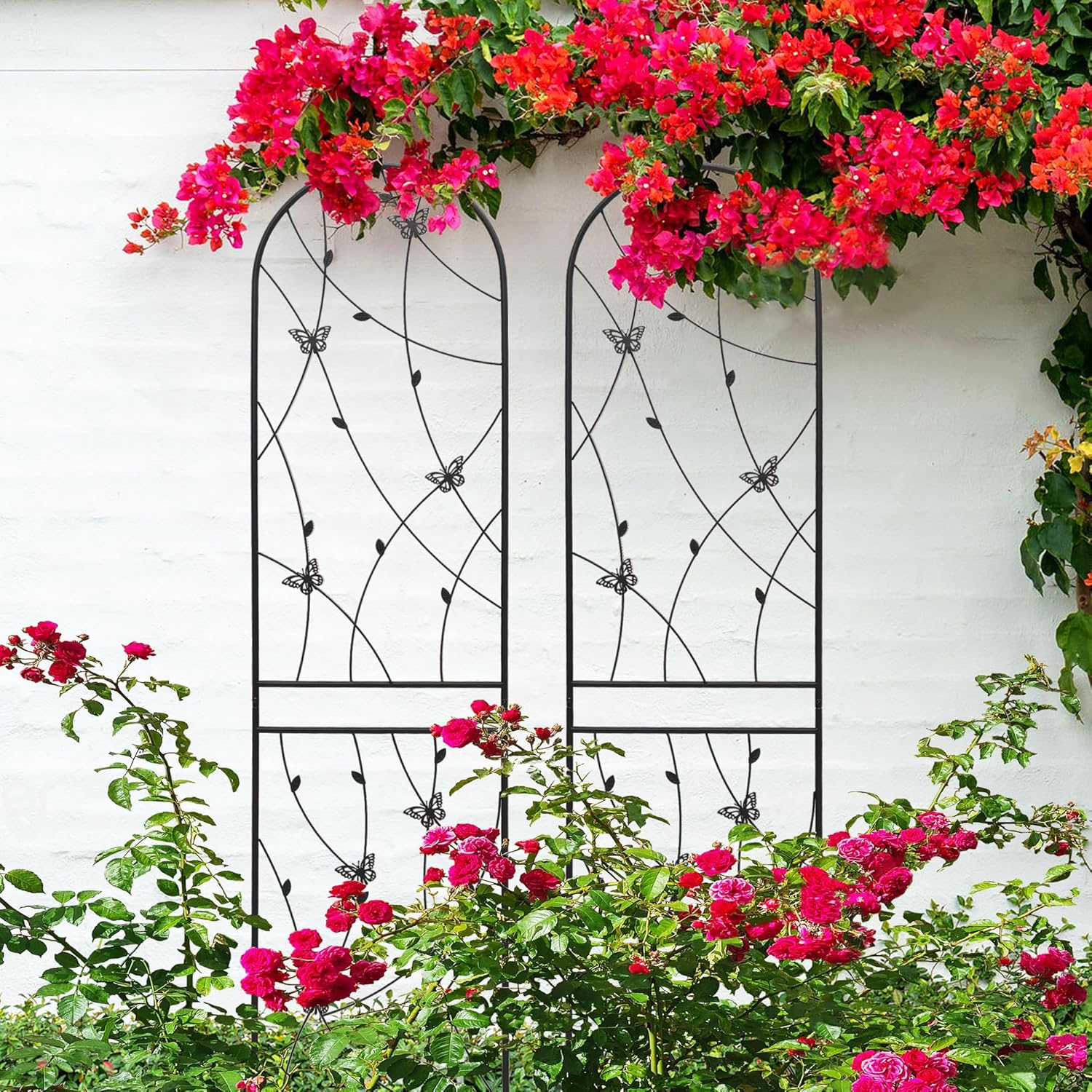 2-Pack Metal Garden Trellis for Climbing Plants Outdoor, 86.7" Tall Rustproof Galvanized Steel Trellis with Butterfly Decor, Easy Assemble Plant Support for Roses Vines Flowers
