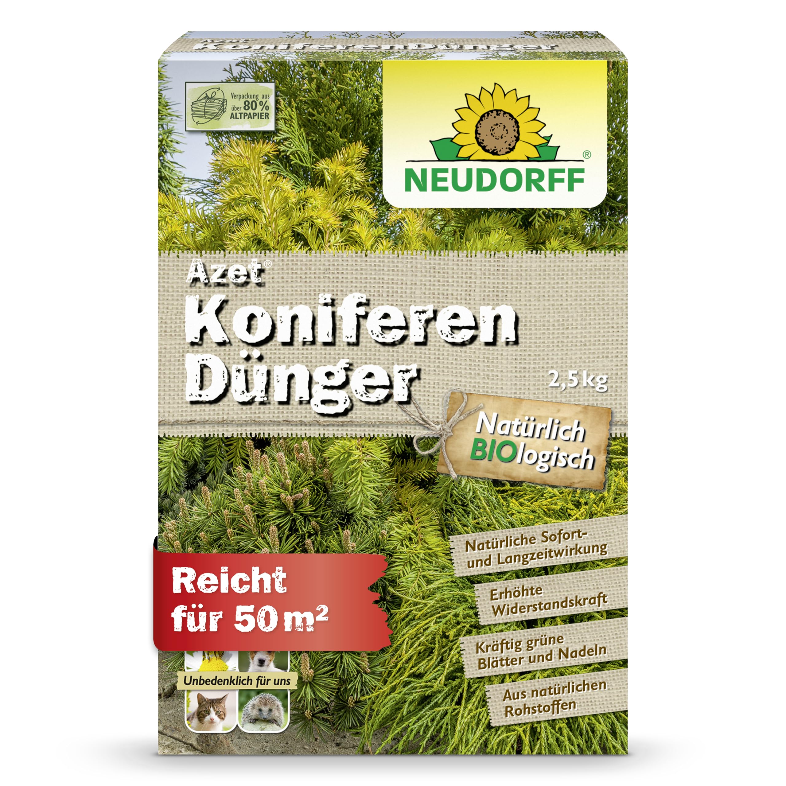 Neudorff Azet KoniferenDünger – Bio Koniferendünger mit viel Eisen sorgt für kräftig-grüne Blätter und Nadeln mit Sofort- & Langzeitwirkung, 2,5 kg