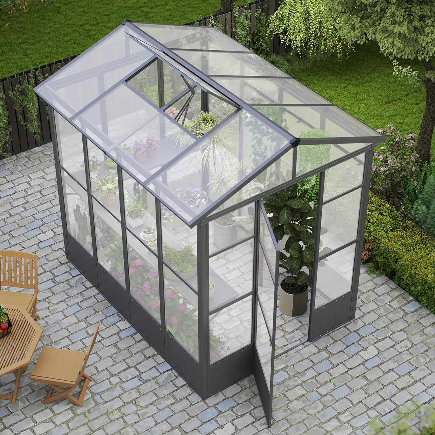Domi 6.5x8FT Greenhouse, Polycarbonate Green House with Fully Auto Temperature Control Vent, Outdoor Full Aluminum Heavy Duty Greenhouse with Extra 7.8FT Walk-in Height for Garden Backyard, Dark Grey 6.5x8 FT