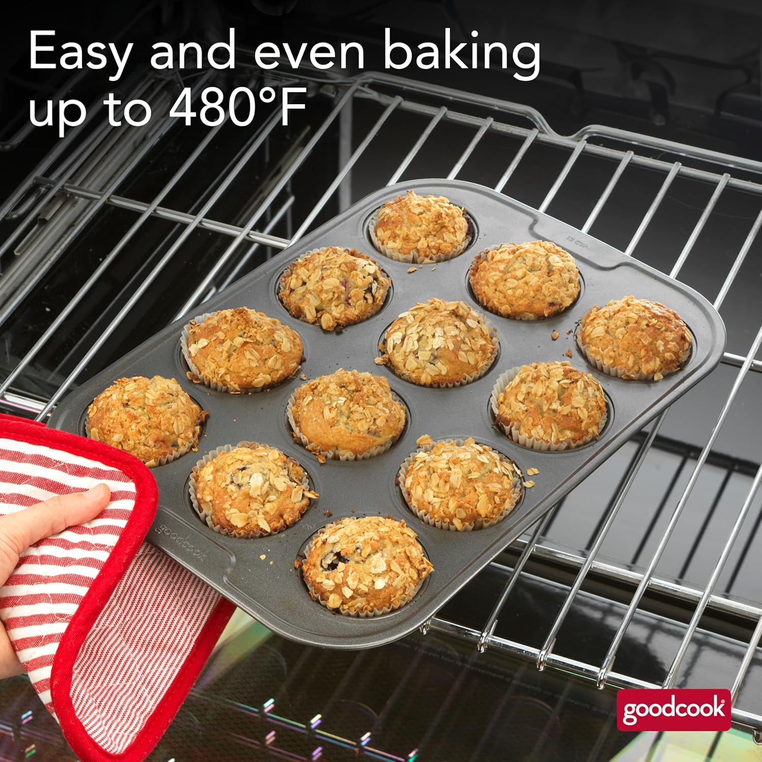 GoodCook PRO Muffin Pan Nonstick Cupcake Pan, Warp & Scratch-Resistant Dishwasher-Safe Carbon Steel Construction for Even Baking With or Without Liners, 12-Cup, Gray - Image 4