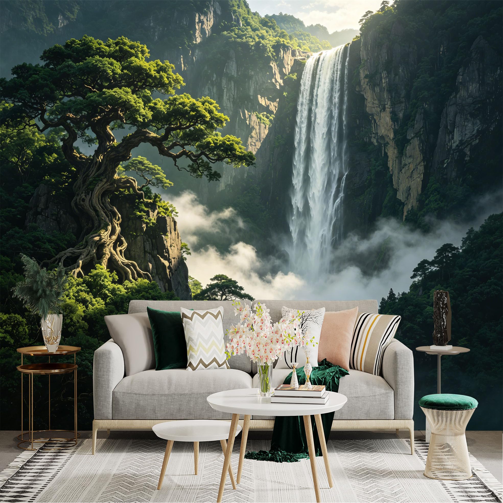 Lnzczhyre Dbh260521373 Custom Size Wall Sticker Mural， Majestic Waterfall， Ancient Pine Tree On Cliff， Misty Mountain Landscape， Serene Nature Scenery， For Wall Decoration， Peelandstick Wall Decals.