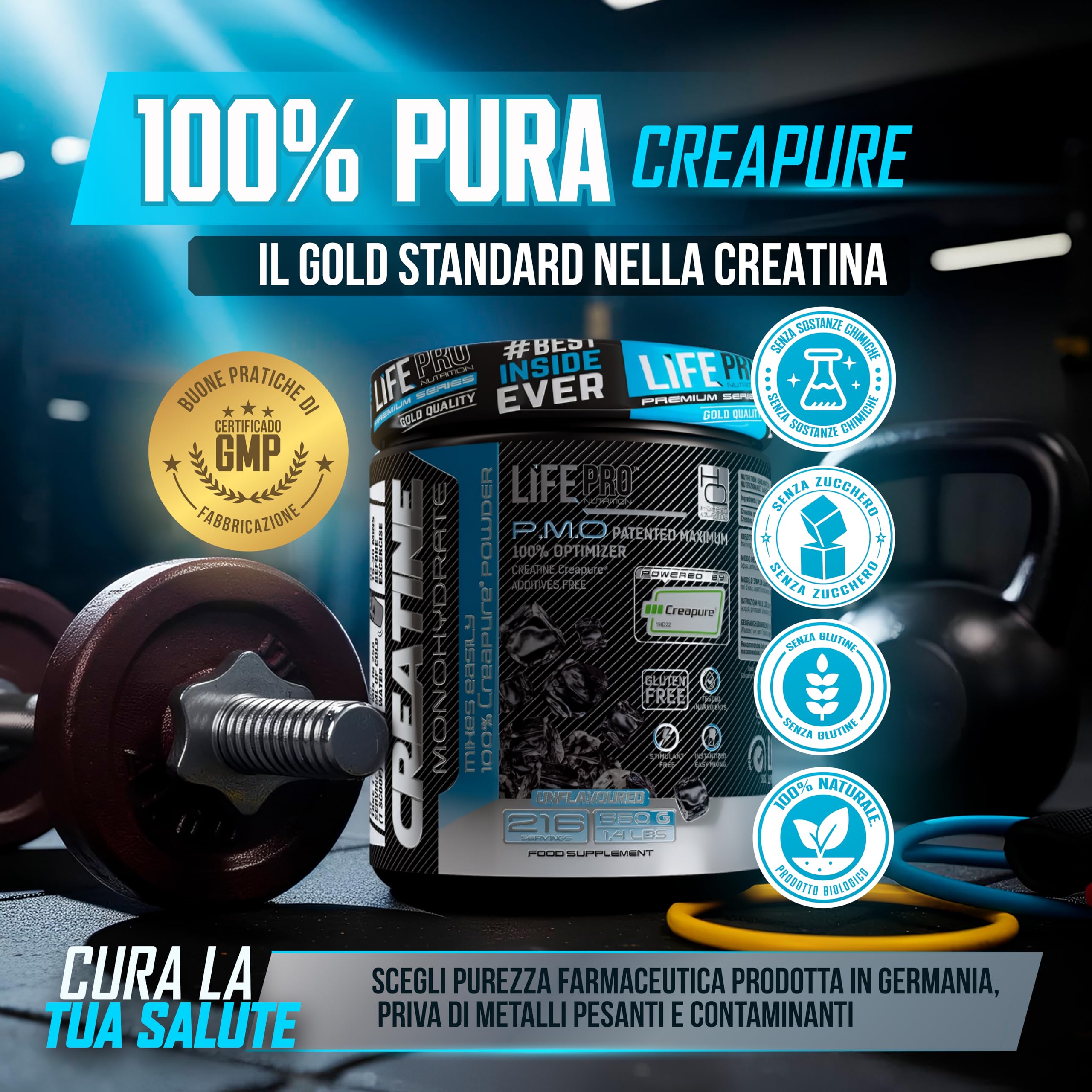 Life Pro Creatina Monoidrata Creapure® 650 G – Creatina Creapure Pura e Micronizzata – Gusto Neutro – Fino a 216 Dosi – Senza Glutine – Supporto alle Prestazioni in Palestra