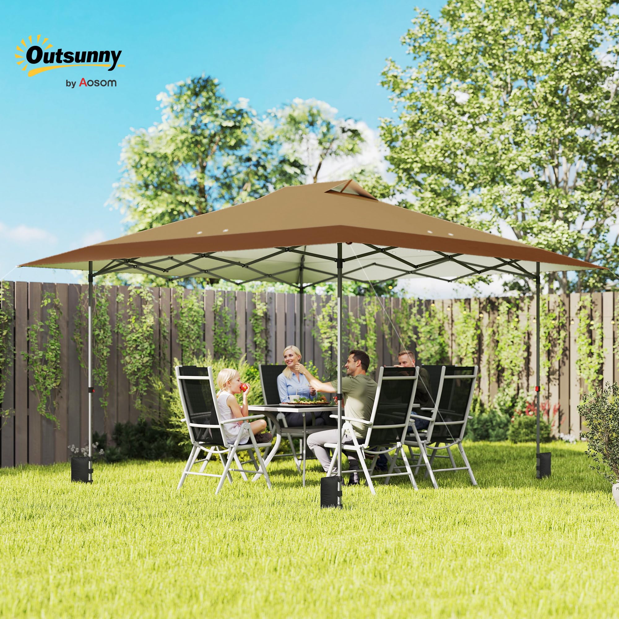 Outsunny Carpa Plegable Pop-up Gazebo 4x4 m Bloqueo Central Beige y Café | Cenador Plegable, UPF50+, Altura Ajustable, 4 Bolsas de Arena, Bolsa de Transporte con Ruedas, Camping, Fiestas