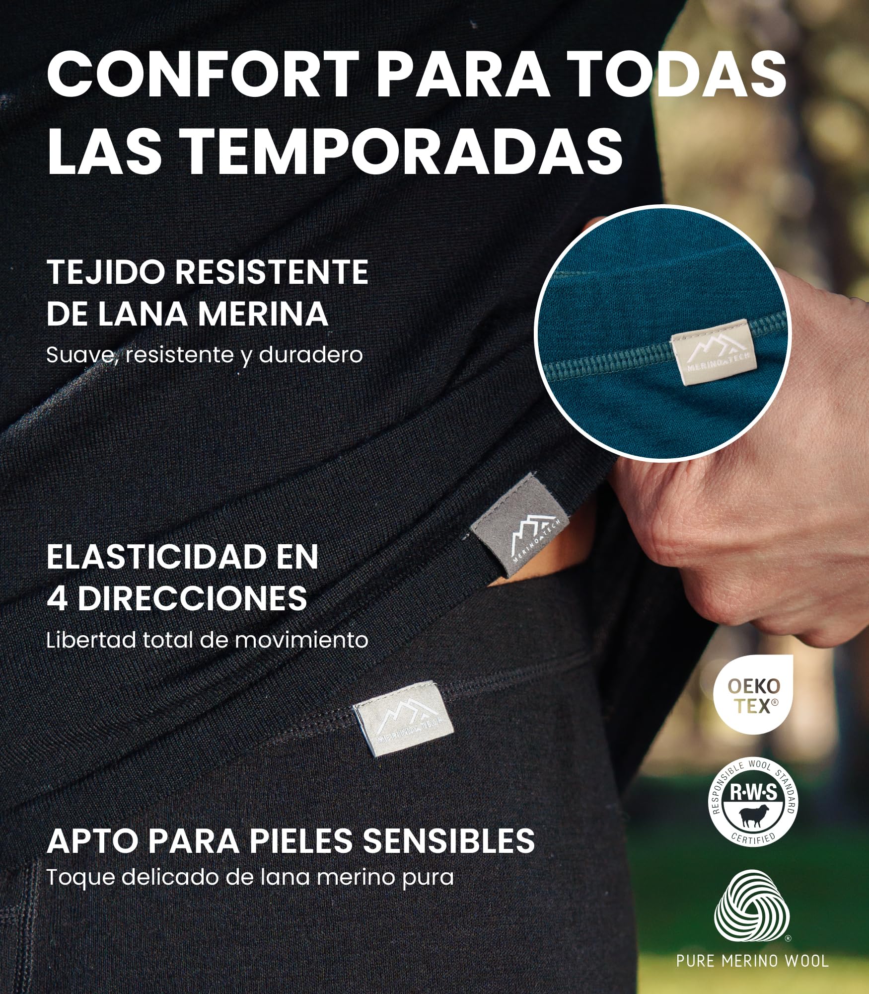 Merino.tech Pantalon Termico Lana Merino Hombre -100% Termica Lana Merino | Térmica para senderismo, esquí y outdoor. No pica, termorreguladora, antiolores