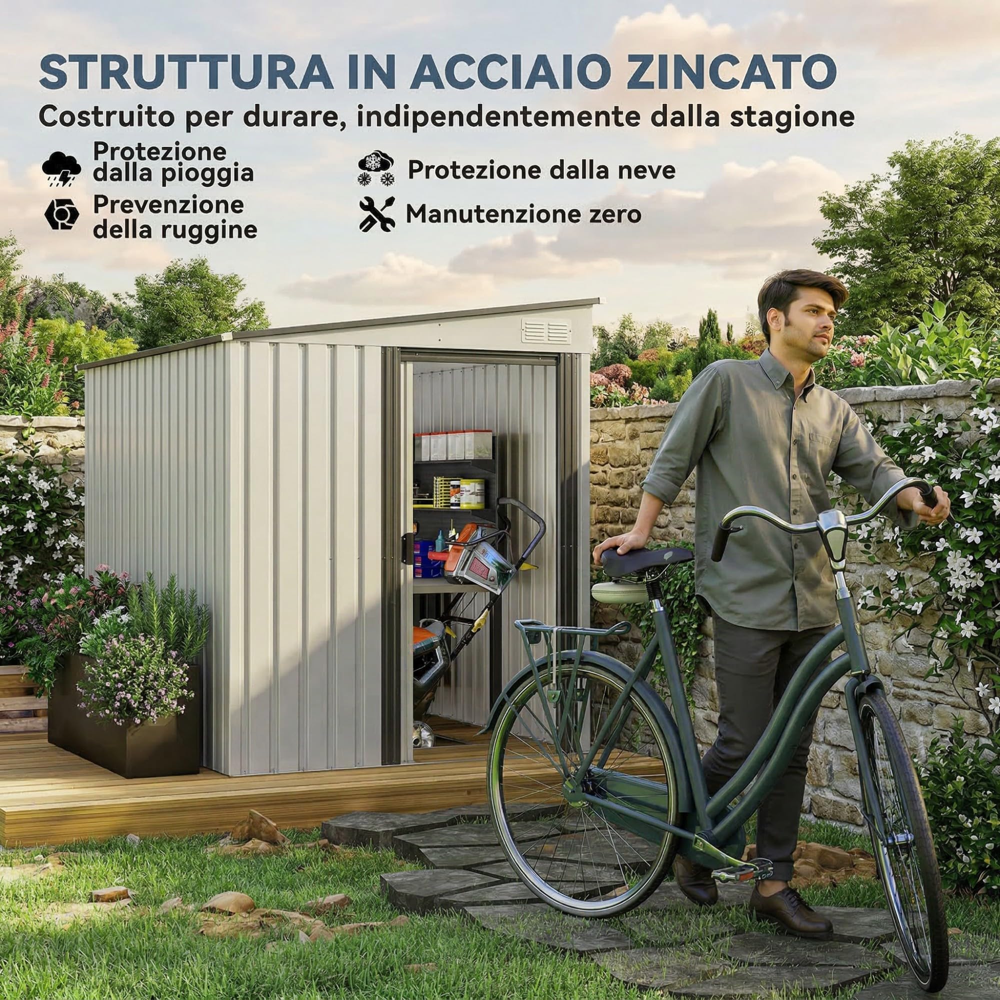 Outsunny Casetta da Giardino 2.81m² in Acciaio Zincato con Kit Fondazione, Capanno Porta Attrezzi Addossato con Ripiani Regolabili, Ganci, Tetto Inclinato, Prese d'Aria, Porta Scorrevole Bianco