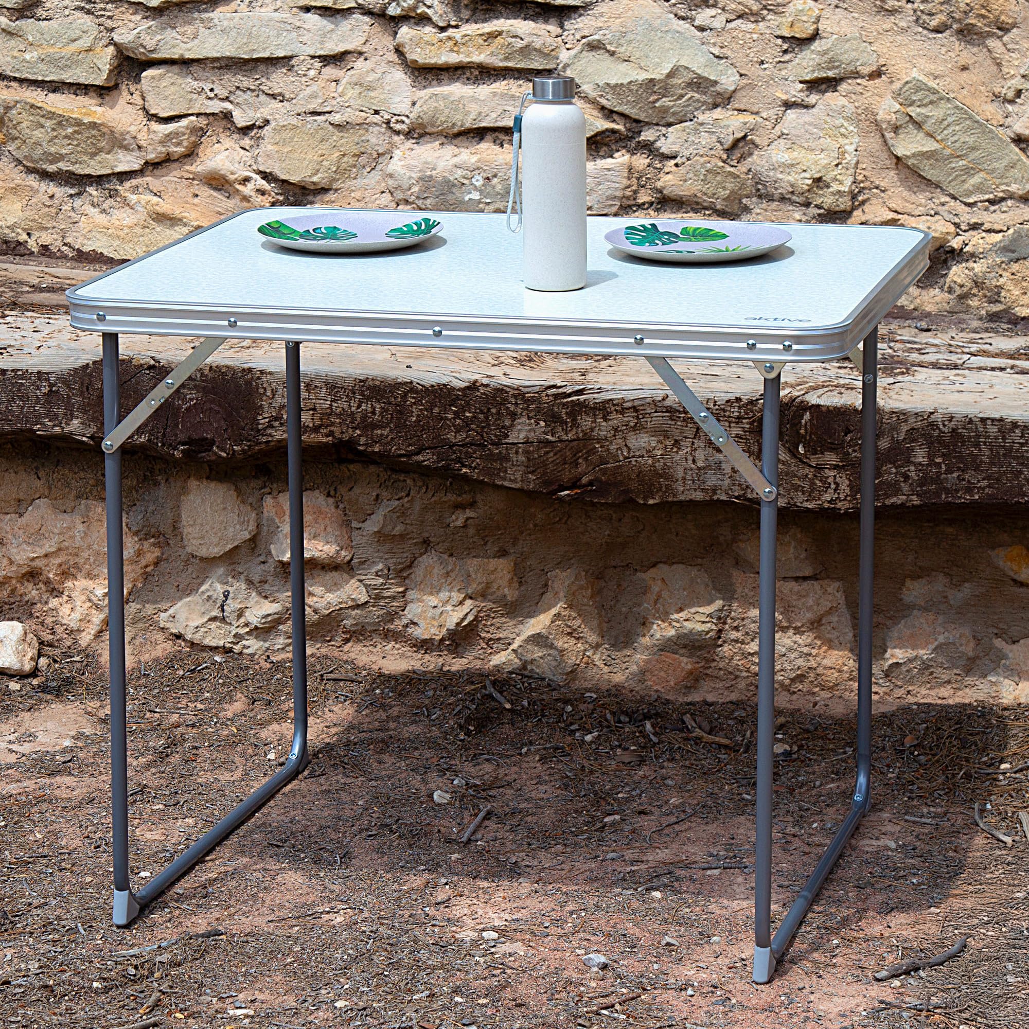 AKTIVE Table de Camping Pliante, Table Légère, Pieds Pliants, 80X60X70 cm, Bois MDF, Cadre en Acier, Blanc, Poignée de Transport, Camping